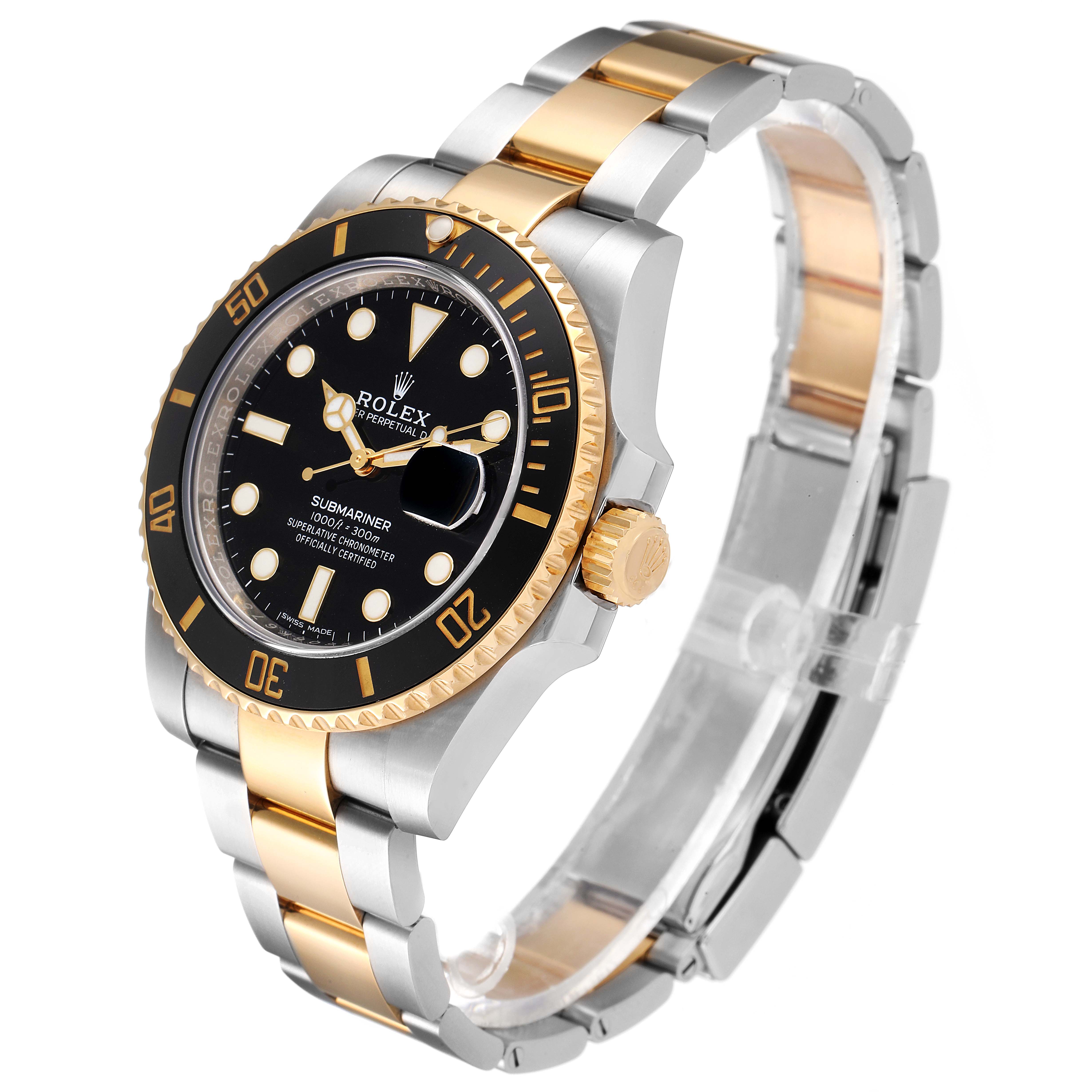 The Rolex Submariner 116613 Men's Steel and Gold (two tone) Black Dial 116613 Men's Steel and Gold (two tone) Black Dial watch is shown at an oblique angle, displaying its black dial, bezel, gold details, and two-tone bracelet.