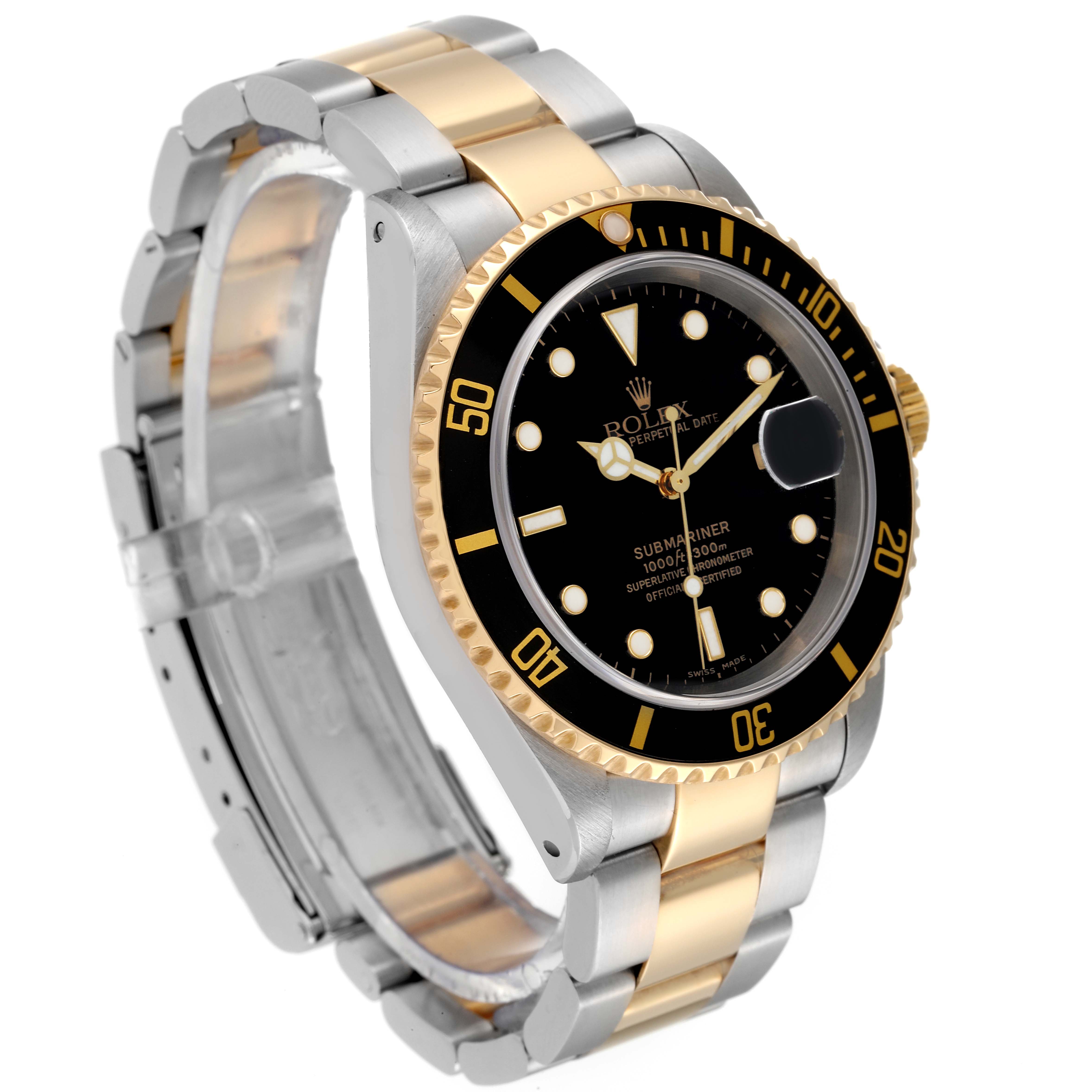 The image shows a Rolex Submariner 16613 Men's Steel and Gold (two tone) Black Dial 16613 Men's Steel and Gold (two tone) Black Dial watch at a three-quarter angle, highlighting its face, bezel, and bracelet.