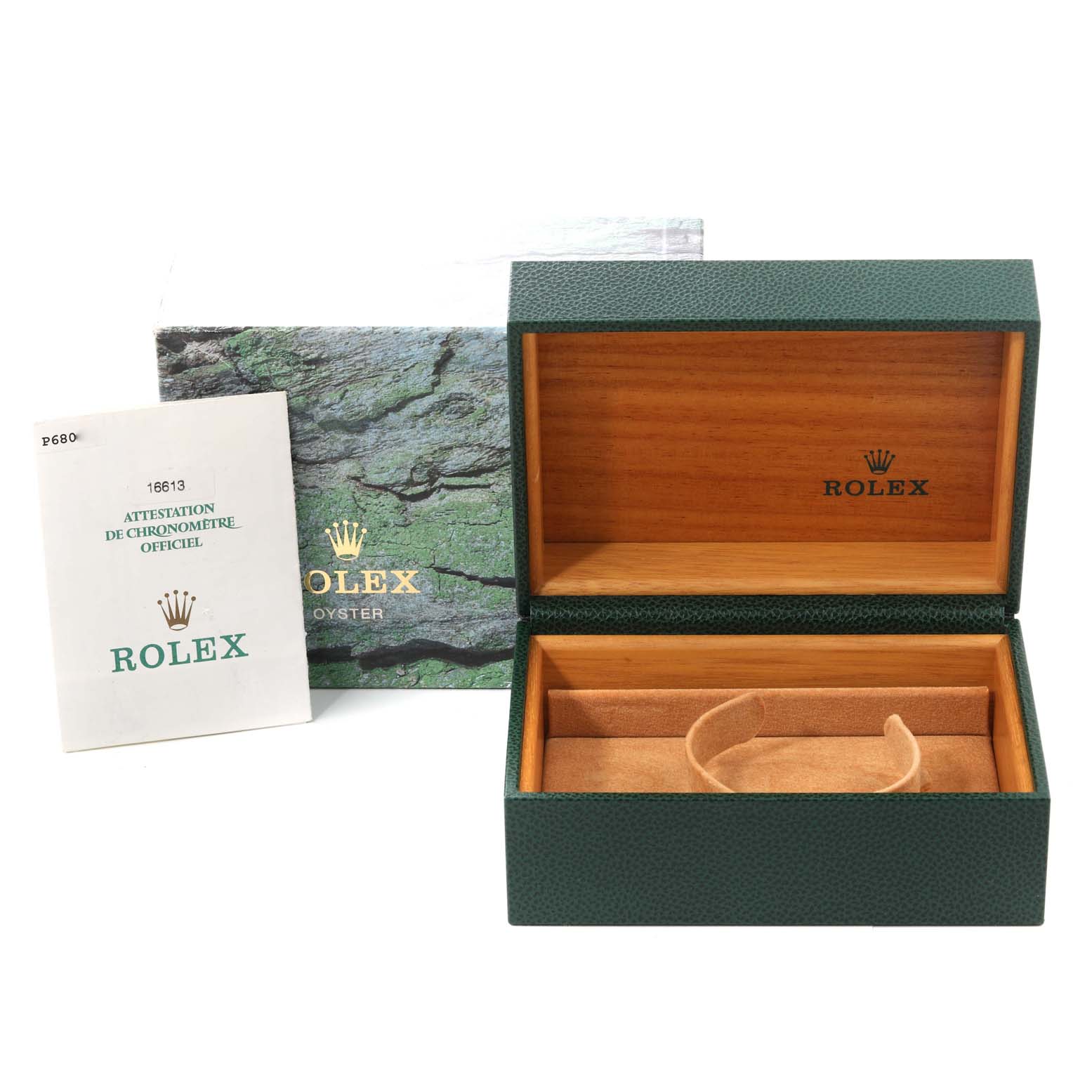 The image shows an open Rolex Submariner 16613 Men's Steel and Gold (two tone) Black Dial 16613 Men's Steel and Gold (two tone) Black Dial watch box along with its official certification booklet.