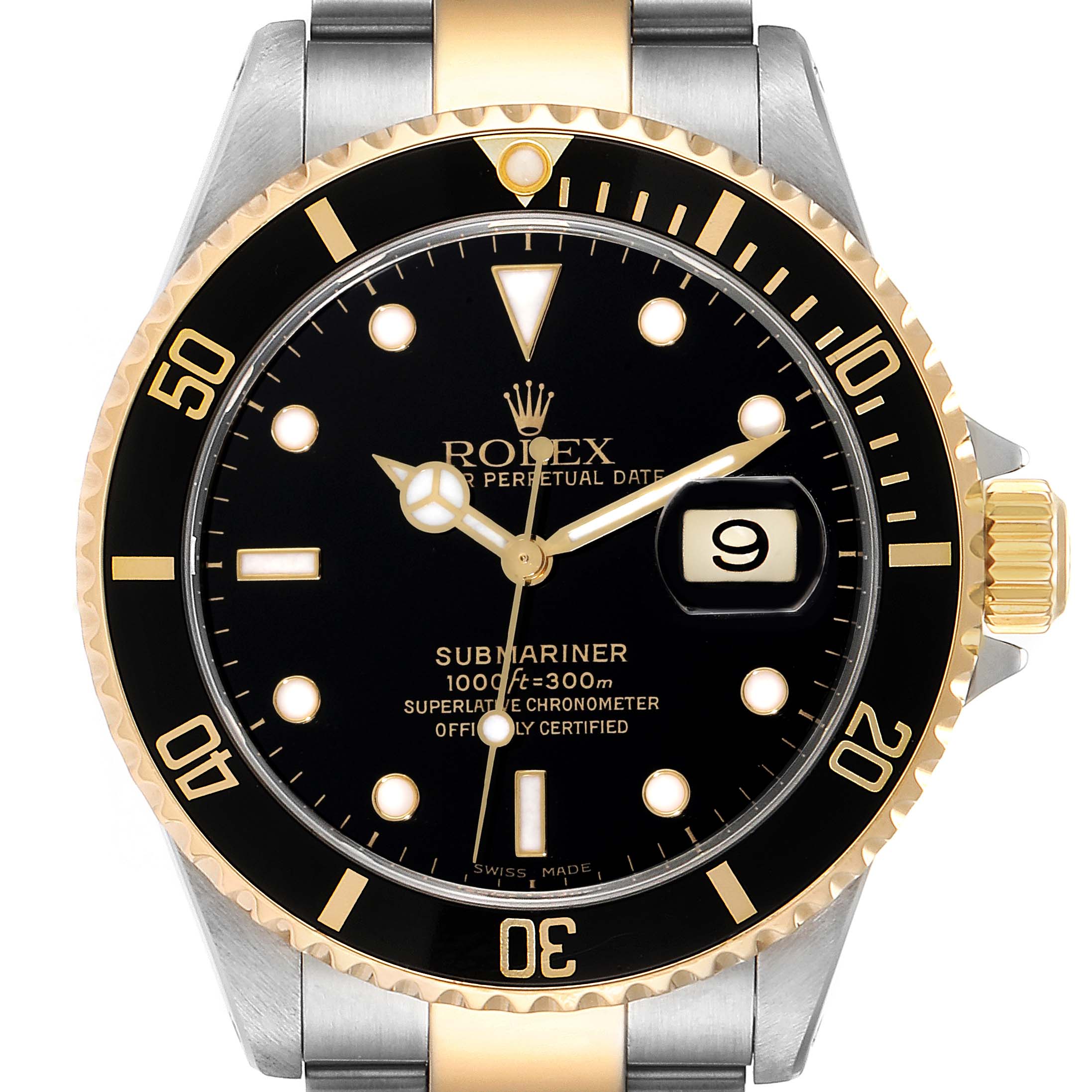 The image shows a frontal view of a Rolex Submariner 16613 Men's Steel and Gold (two tone) Black Dial 16613 Men's Steel and Gold (two tone) Black Dial watch, highlighting its black dial, date window, and stainless steel and gold bezel.