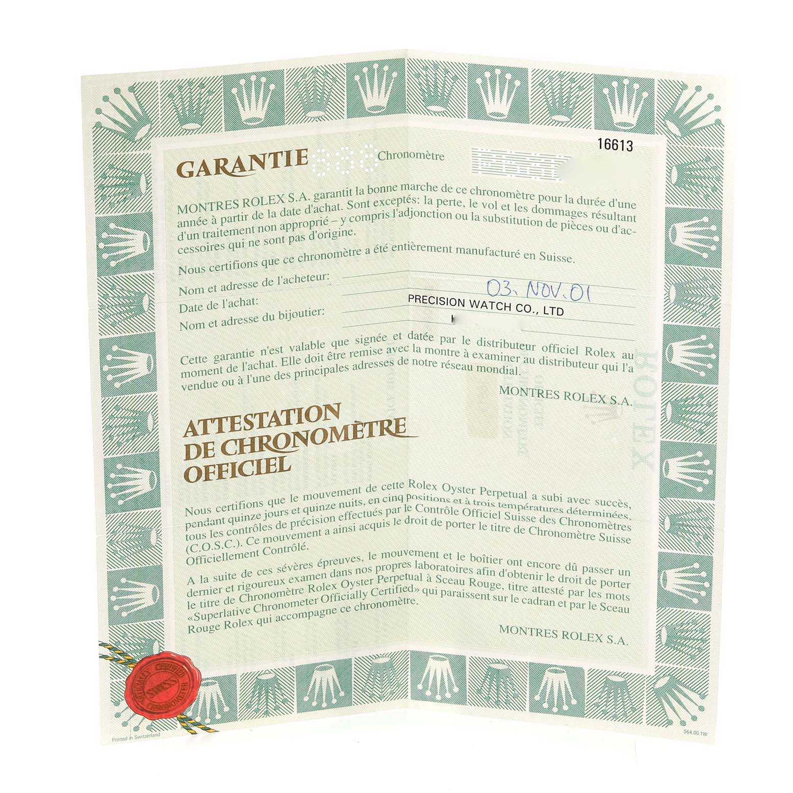 This image shows the warranty certificate for a Rolex Submariner 16613 Men's Steel and Gold (two tone) Black Dial 16613 Men's Steel and Gold (two tone) Black Dial watch, dated November 3, 2001.