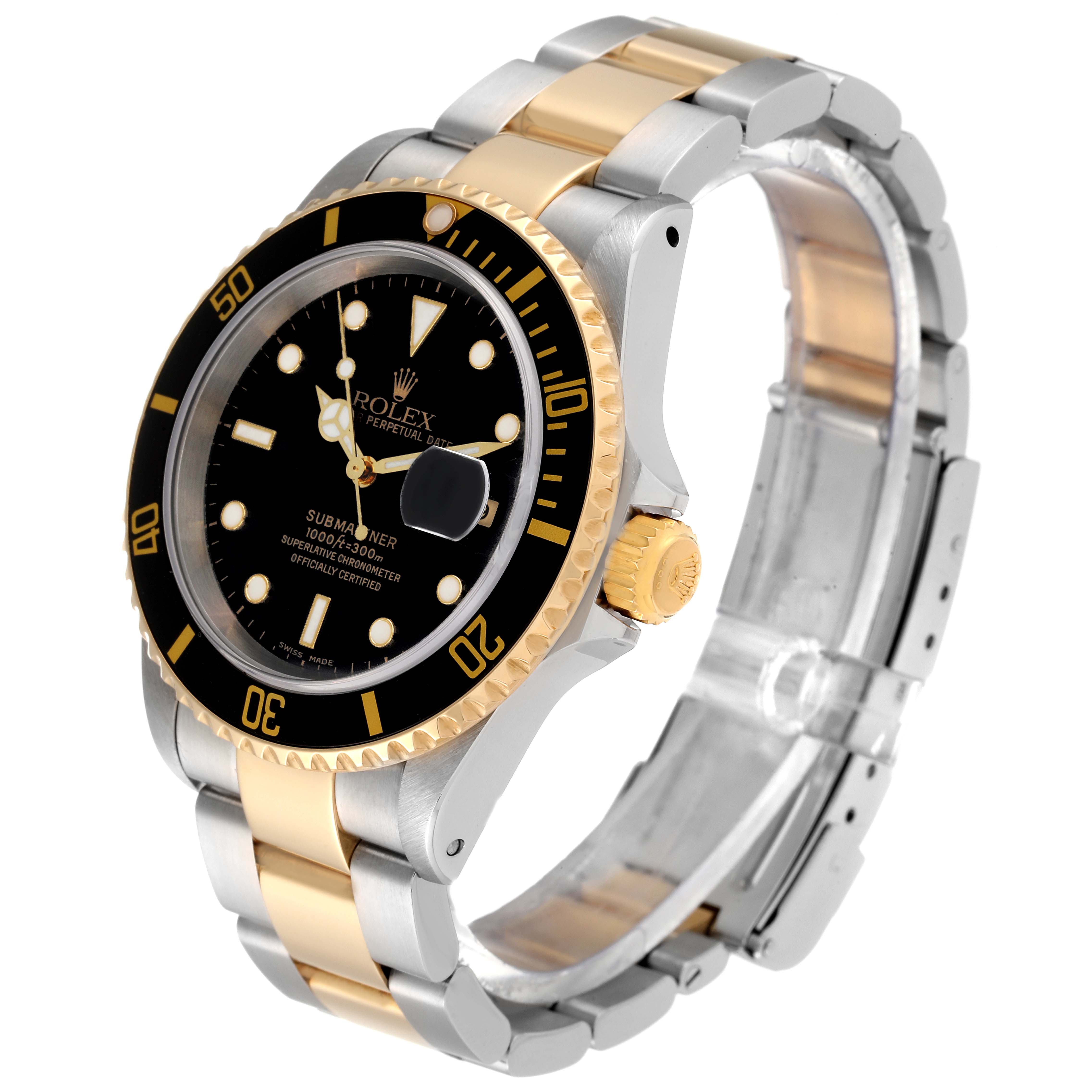 This image shows a Rolex Submariner 16613 Men's Steel and Gold (two tone) Black Dial 16613 Men's Steel and Gold (two tone) Black Dial watch angled slightly from the front, highlighting the dial, bezel, and bracelet.