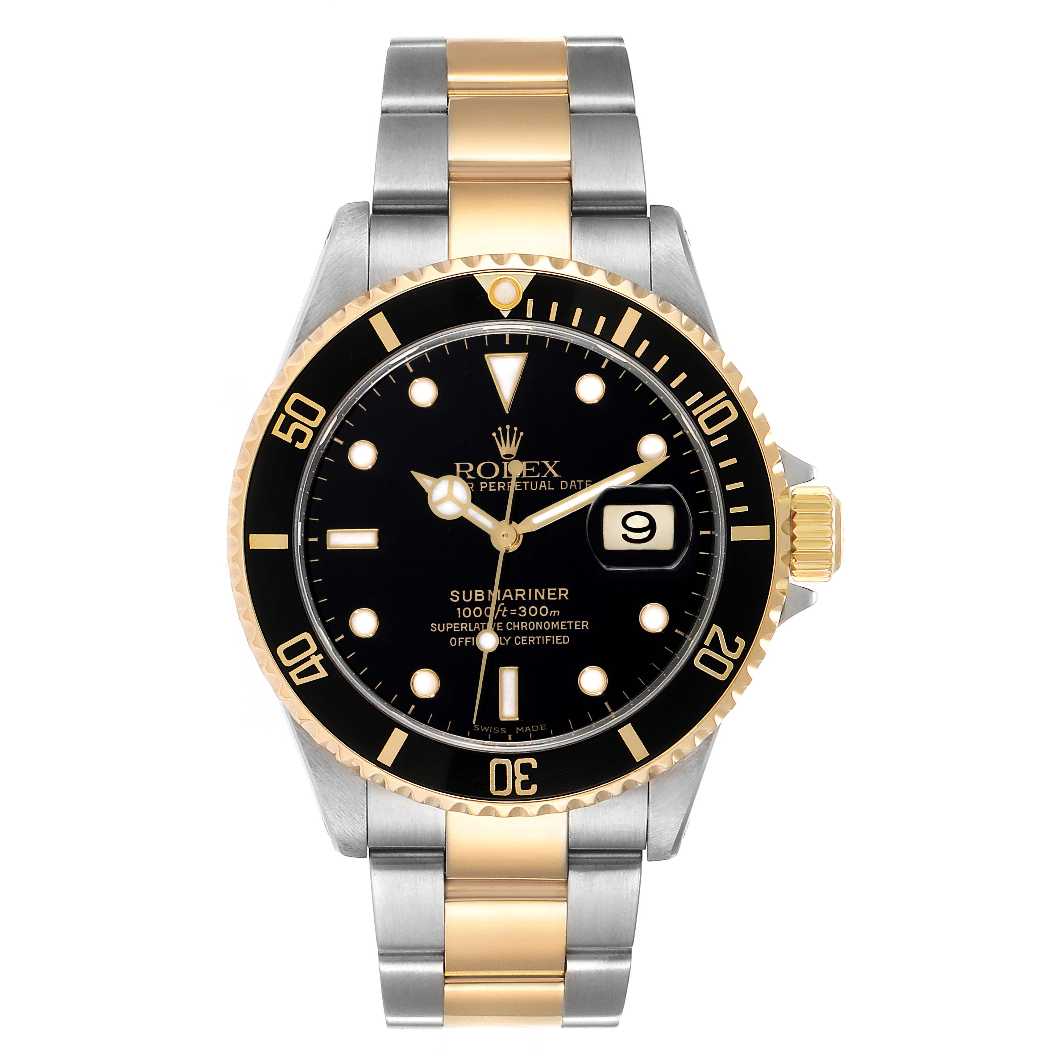 The Rolex Submariner 16613 Men's Steel and Gold (two tone) Black Dial 16613 Men's Steel and Gold (two tone) Black Dial watch is shown from the front, displaying its black dial, gold accents, stainless steel and gold bracelet.