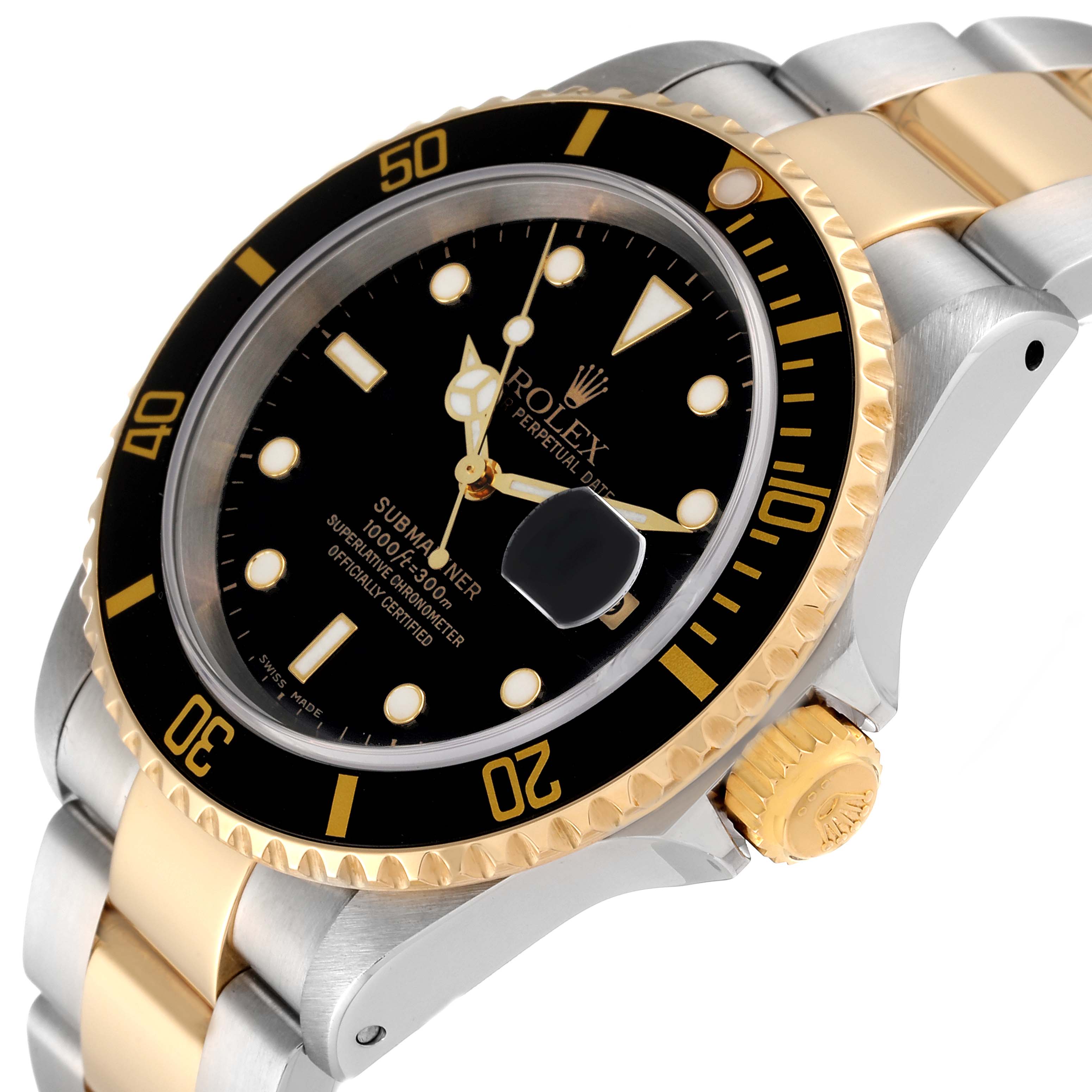 This image shows a Rolex Submariner 16613 Men's Steel and Gold (two tone) Black Dial 16613 Men's Steel and Gold (two tone) Black Dial watch at an angled view, highlighting its black dial, gold bezel, and two-tone bracelet.