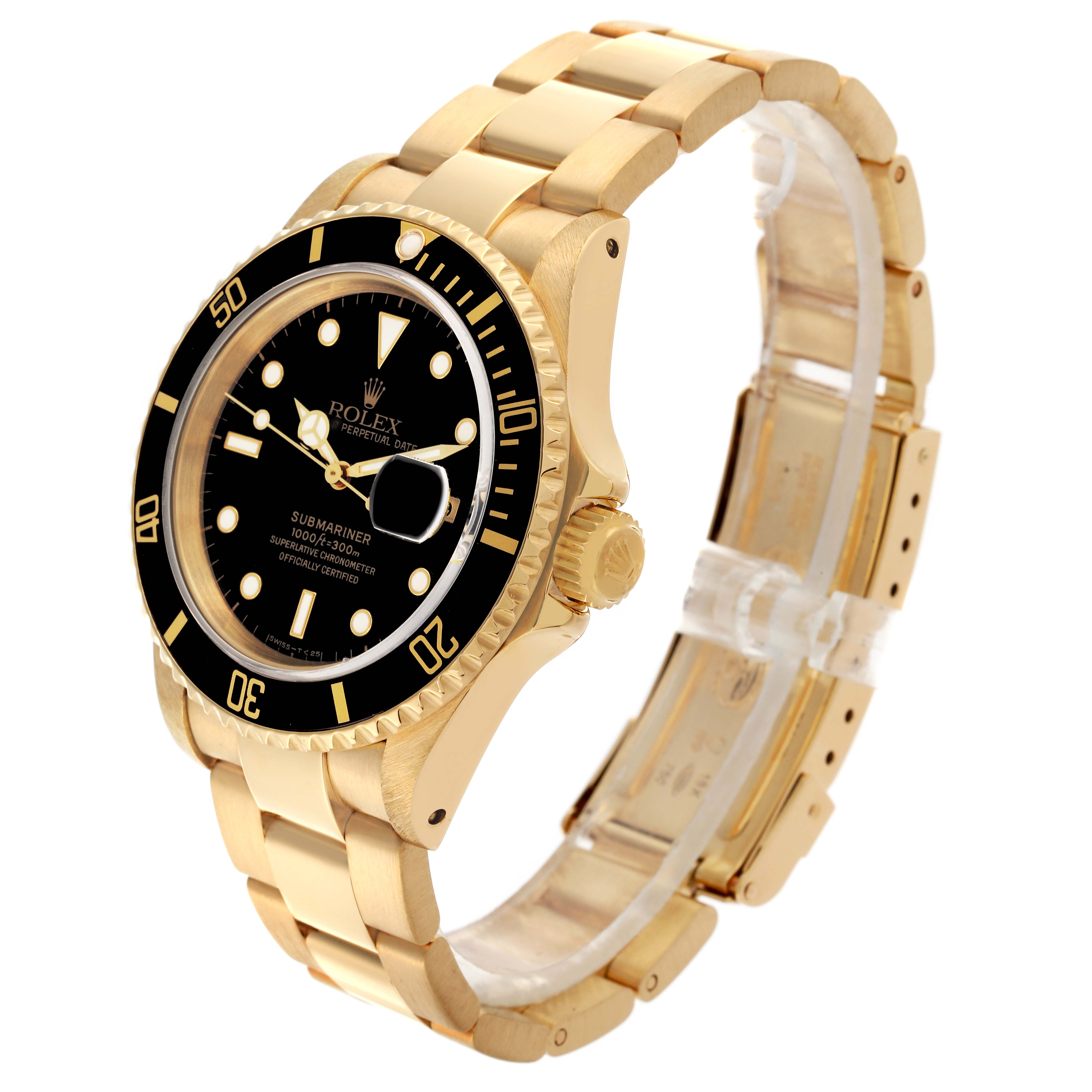 The image shows a Rolex Submariner 16618 Men's Yellow Gold Black Dial 16618 Men's Yellow Gold Black Dial watch at an angle highlighting the face, bezel, crown, and part of the bracelet.
