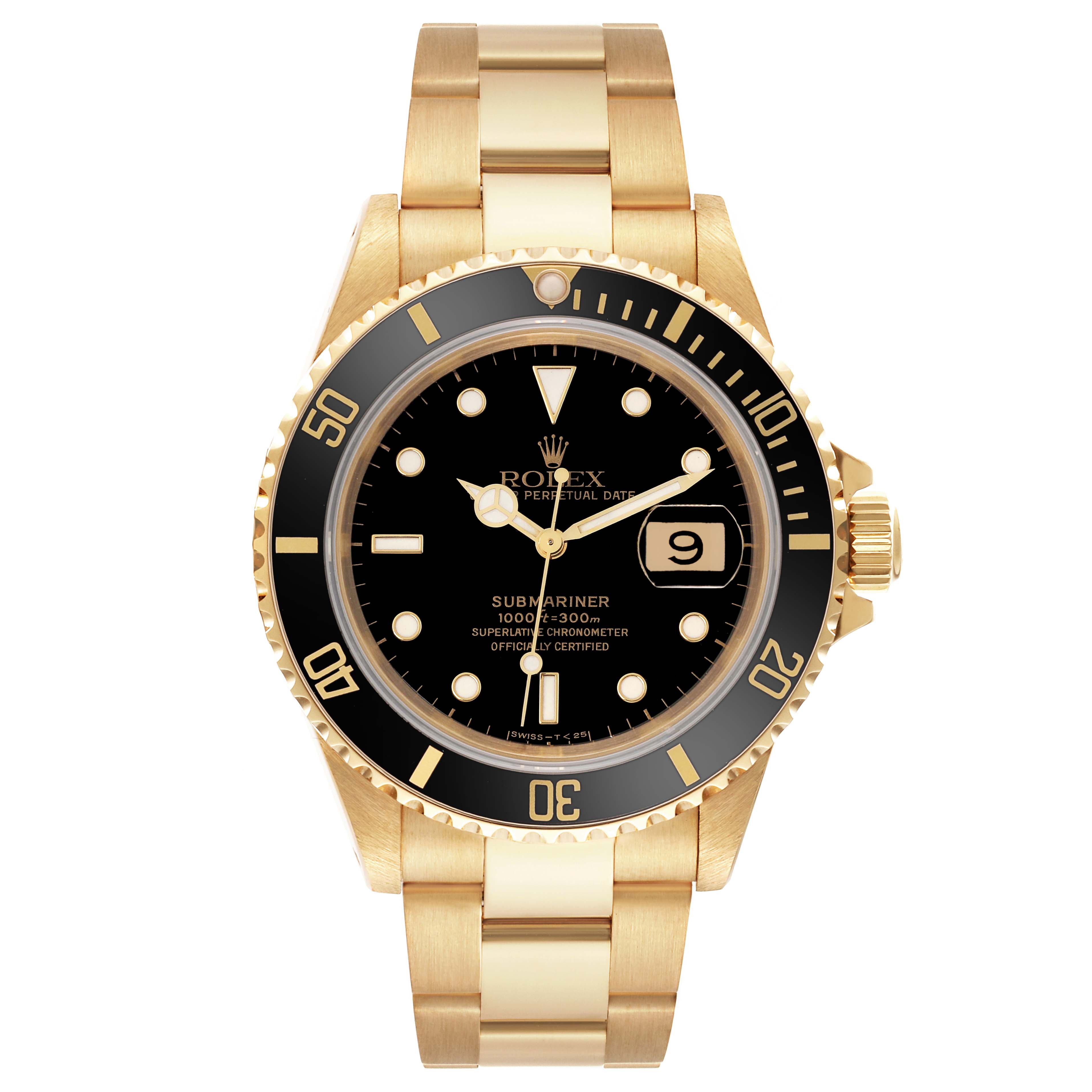 The Rolex Submariner 16618 Men's Yellow Gold Black Dial 16618 Men's Yellow Gold Black Dial is shown from a front angle, displaying the face, bezel, and bracelet.