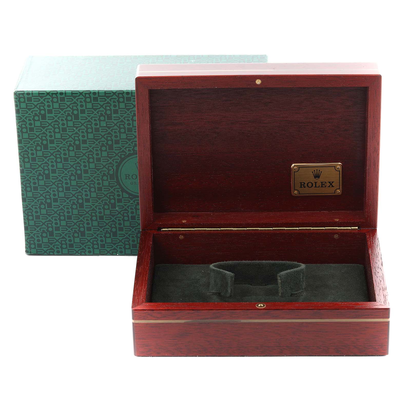 The image shows an open wooden Rolex box for a Submariner watch, with a cushioned interior and outer green box.