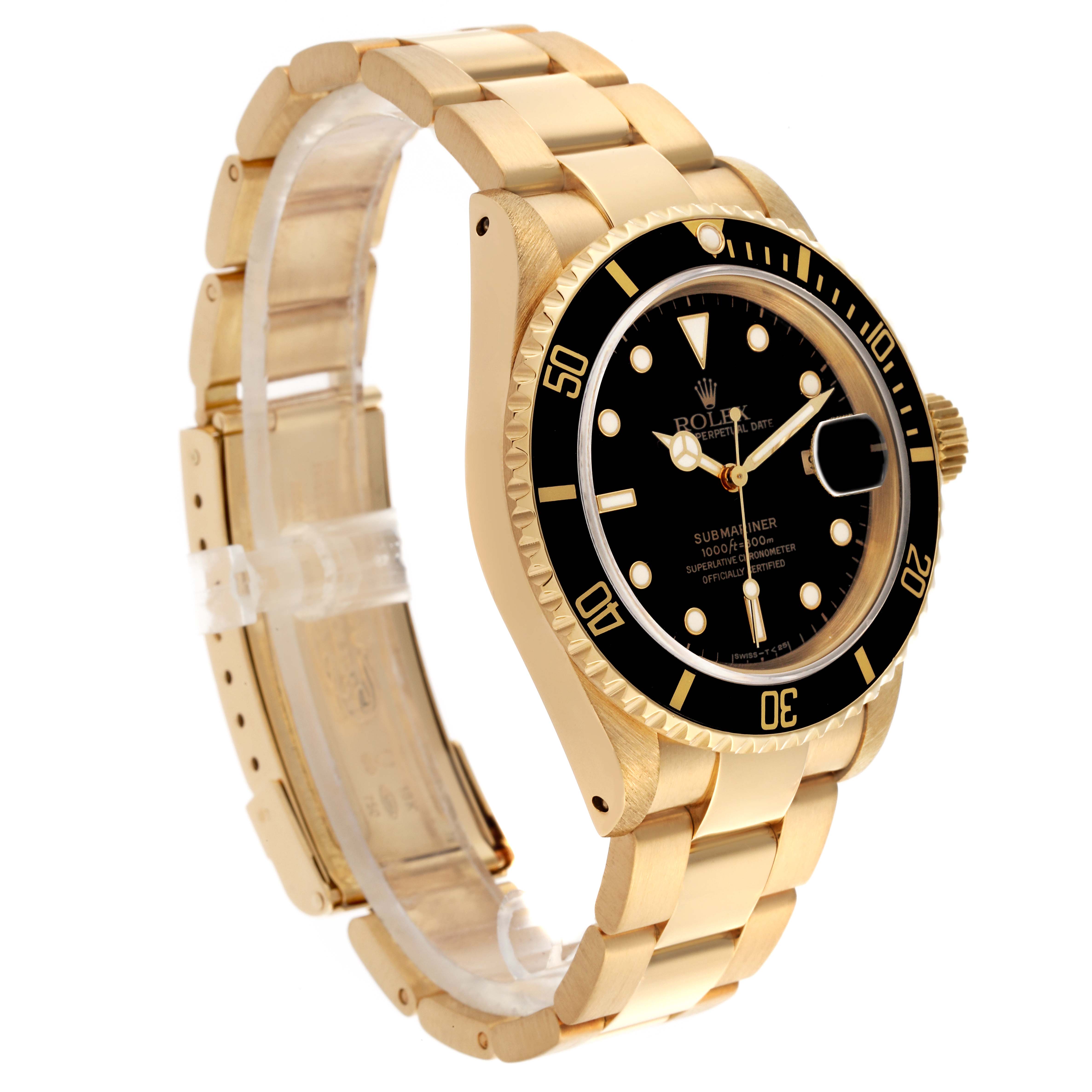 The Rolex Submariner 16618 Men's Yellow Gold Black Dial 16618 Men's Yellow Gold Black Dial watch is shown at a slight side angle, displaying the bracelet, case, bezel, and dial.