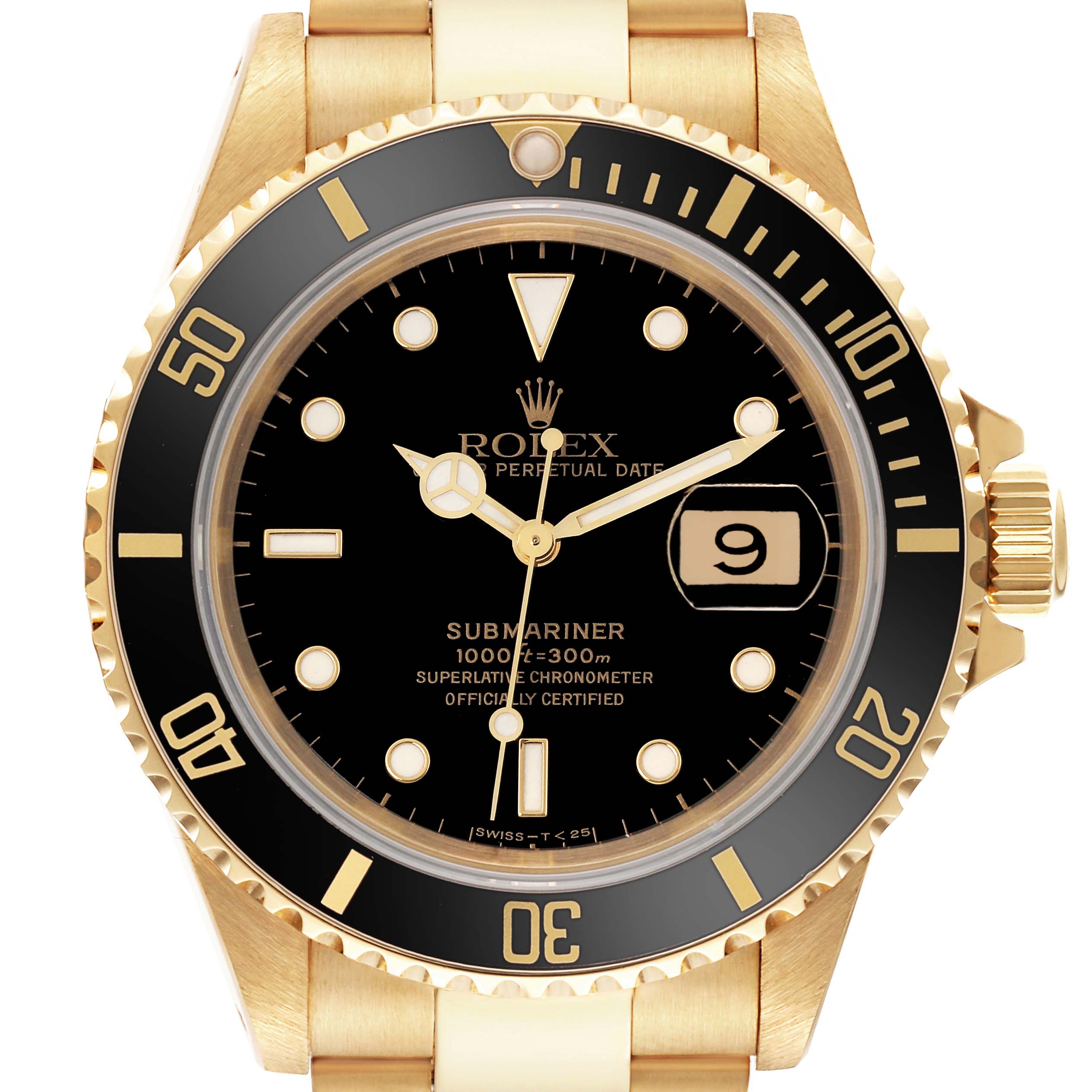 The Rolex Submariner 16618 Men's Yellow Gold Black Dial 16618 Men's Yellow Gold Black Dial watch is shown from the front, displaying the dial, bezel, date window, and part of the bracelet.