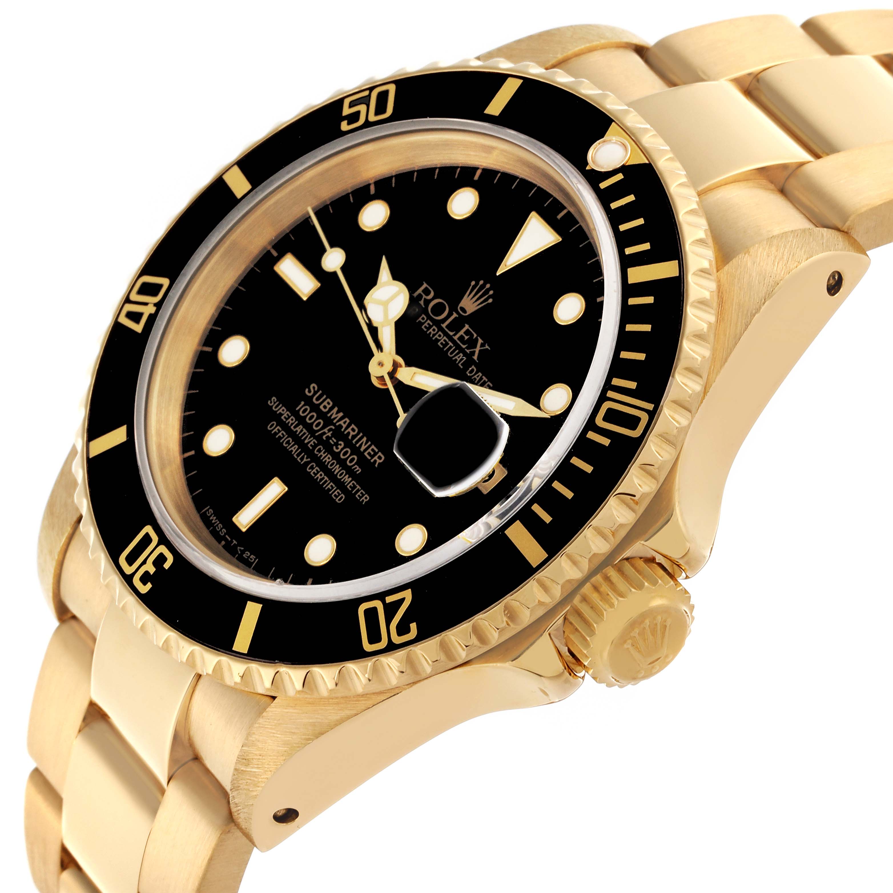 The Rolex Submariner 16618 Men's Yellow Gold Black Dial 16618 Men's Yellow Gold Black Dial is shown at an angle revealing the black dial, bezel, crown, and part of the gold bracelet.