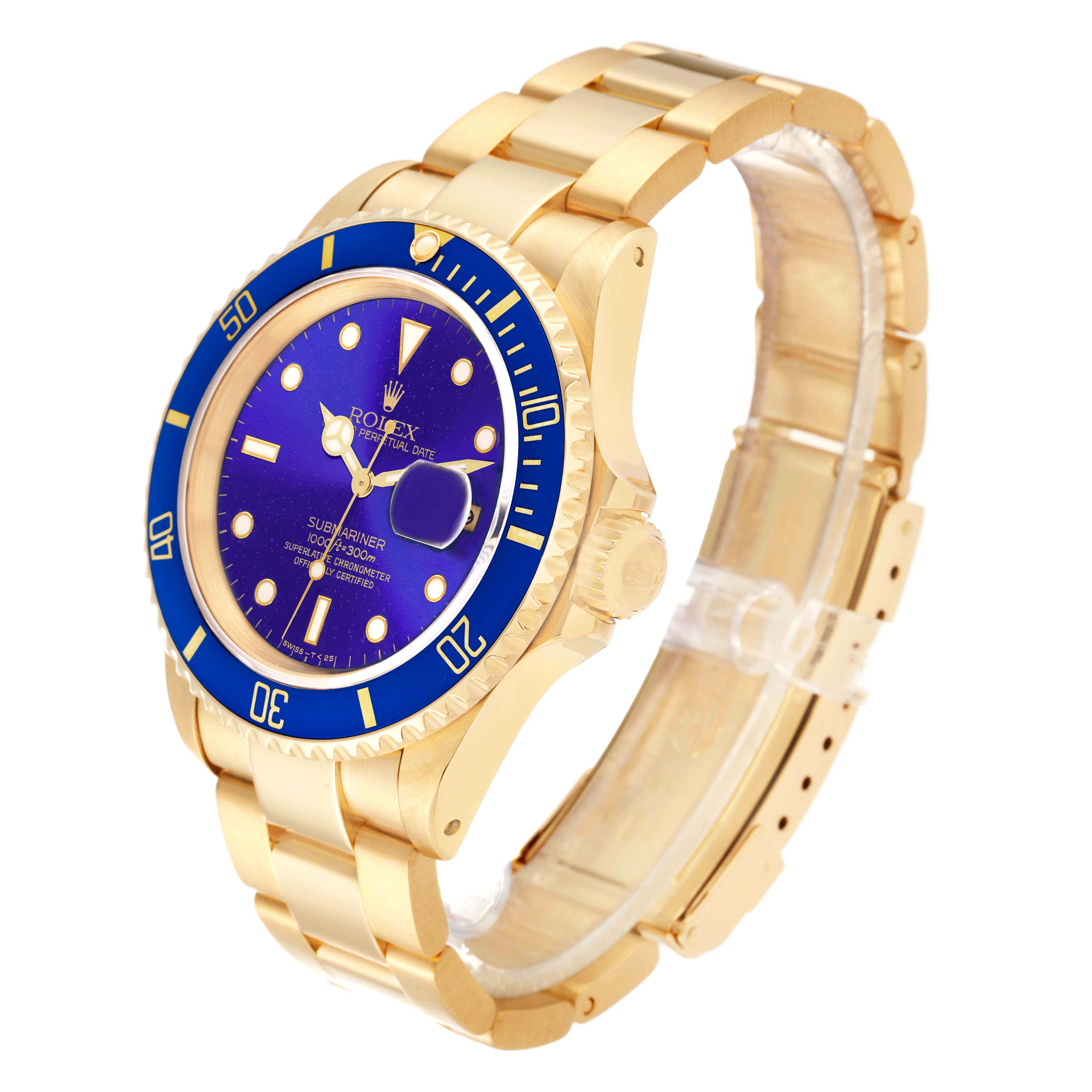 The Rolex Submariner 16618 Men's Yellow Gold Blue Dial watch is shown at a slight angle, highlighting the dial, bezel, case, and bracelet.