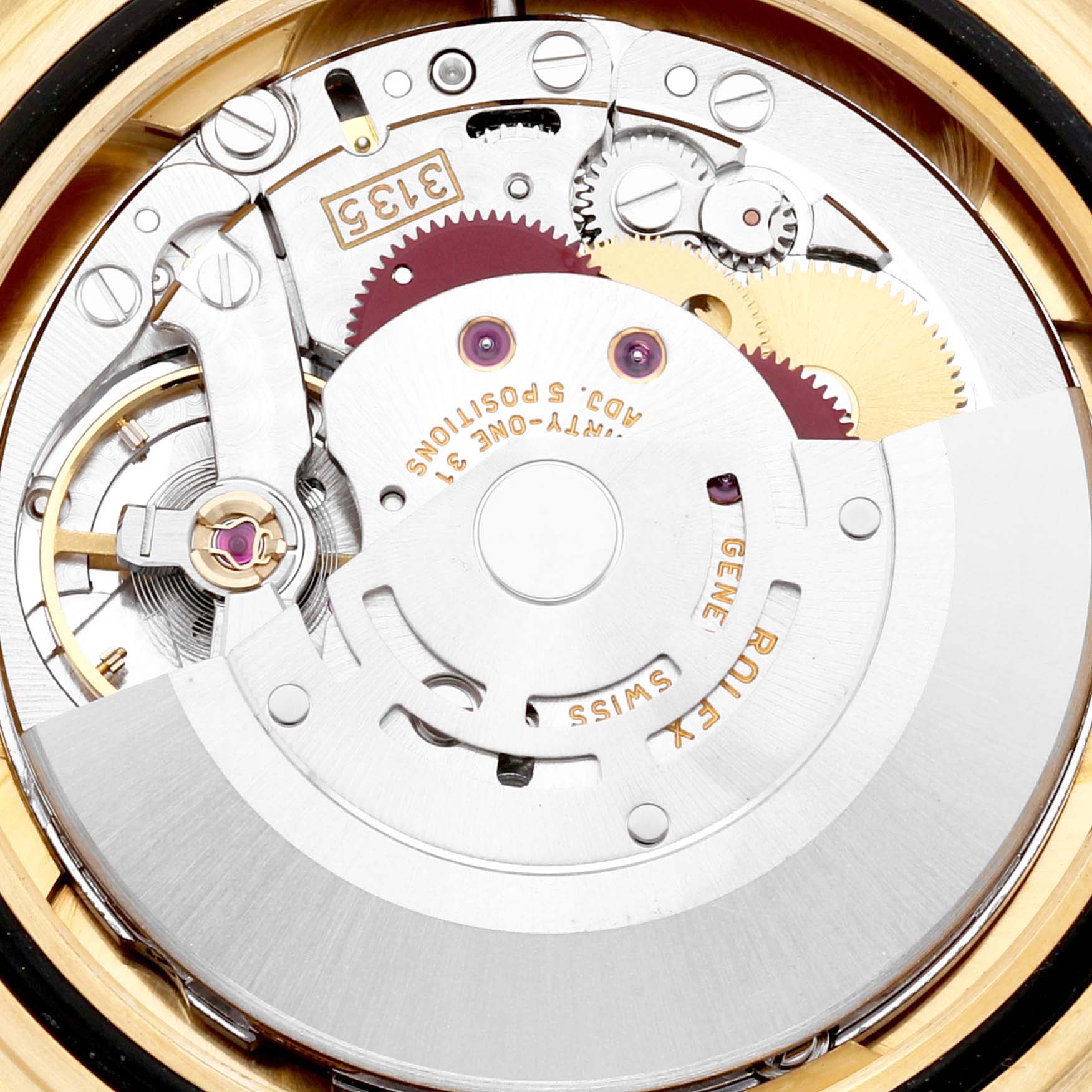 The image shows the intricate movement mechanism of the Rolex Submariner 16618 Men's Yellow Gold Blue Dial from a top-down angle.