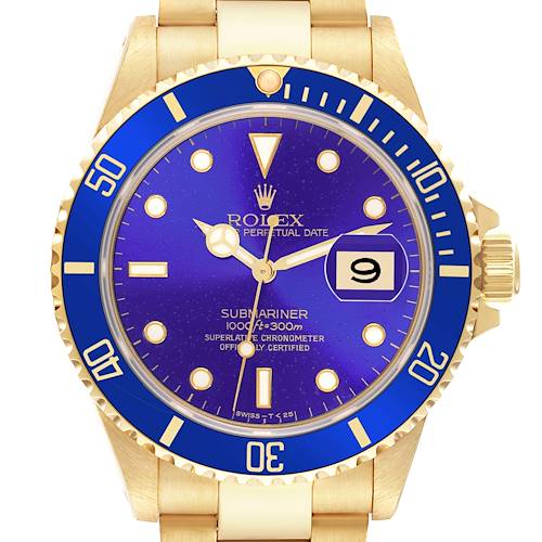 The Rolex Submariner 16618 Men's Yellow Gold Blue Dial is shown from a front angle, highlighting the blue dial, bezel, and gold bracelet.
