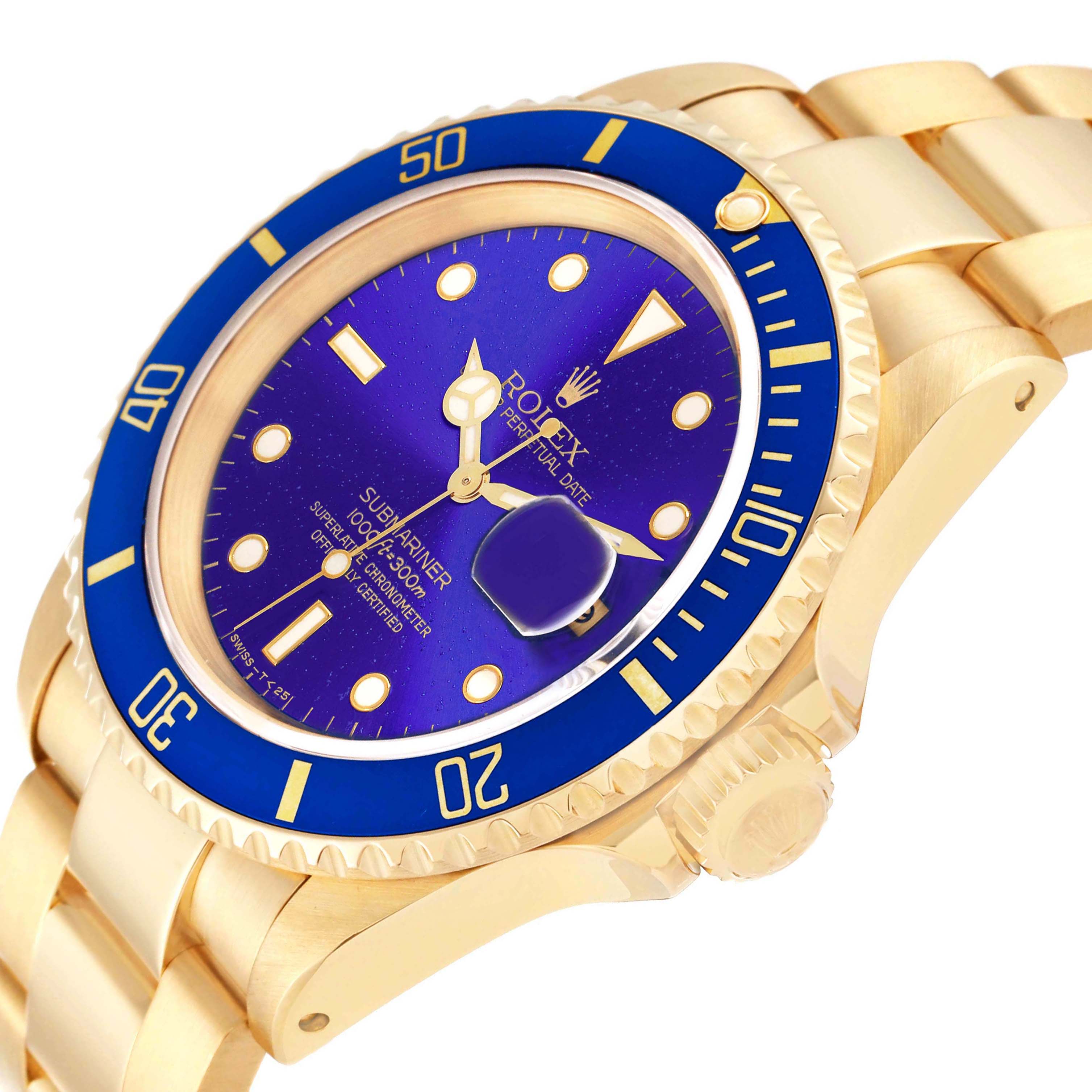 The Rolex Submariner 16618 Men's Yellow Gold Blue Dial is shown from a side angle, highlighting its blue bezel, blue dial, and gold bracelet.