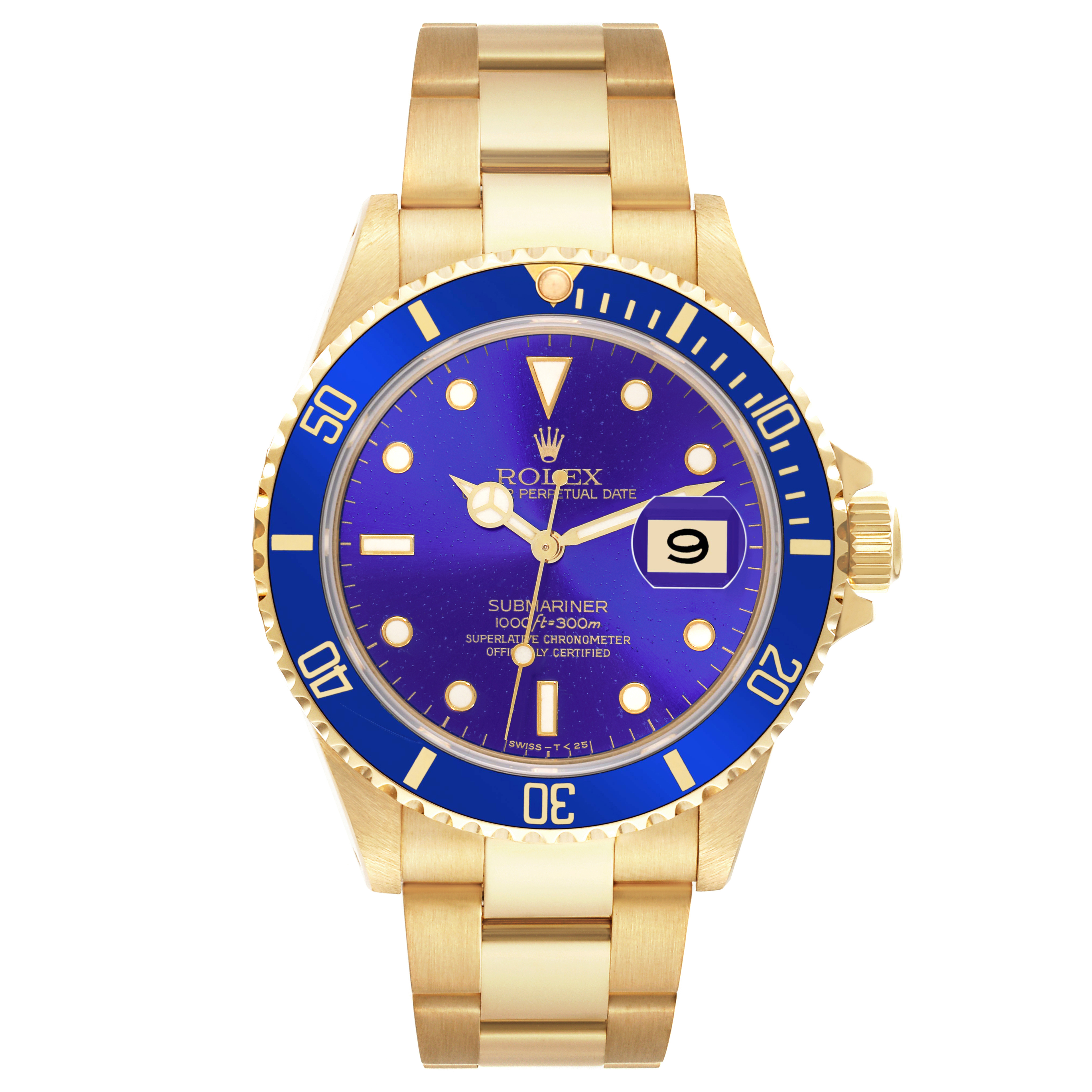 The Rolex Submariner 16618 Men's Yellow Gold Blue Dial watch is shown from a top-down angle, displaying its dial, bezel, and bracelet.