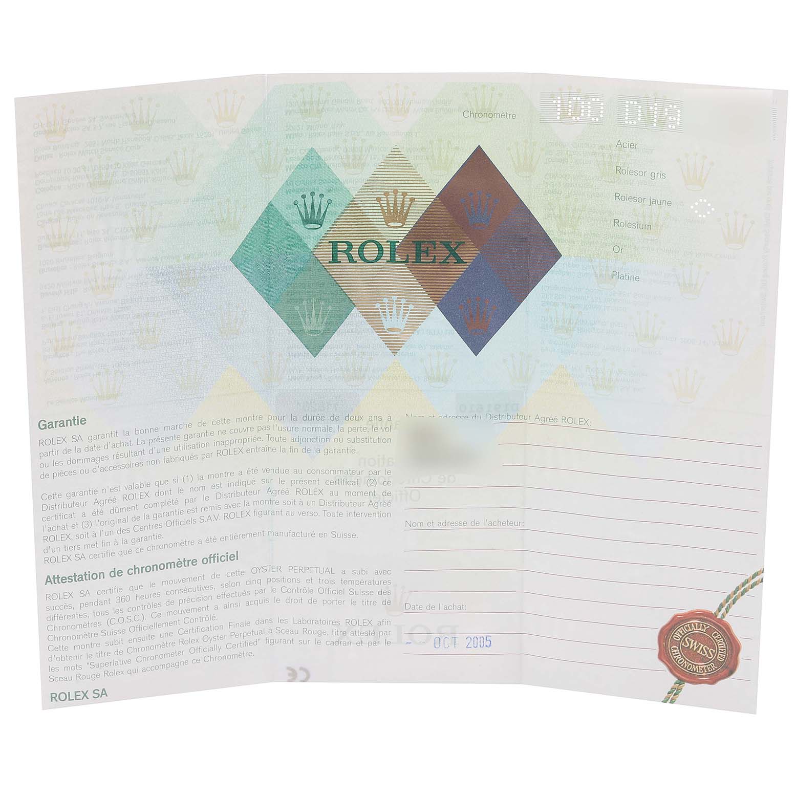 The image shows the guarantee and warranty card for the Rolex Turn-o-Graph 116261 Men
s Steel and Gold (two tone) Black Dial 116261 Men
s Steel and Gold (two tone) Black Dial model, displaying brand details and purchase information fields.