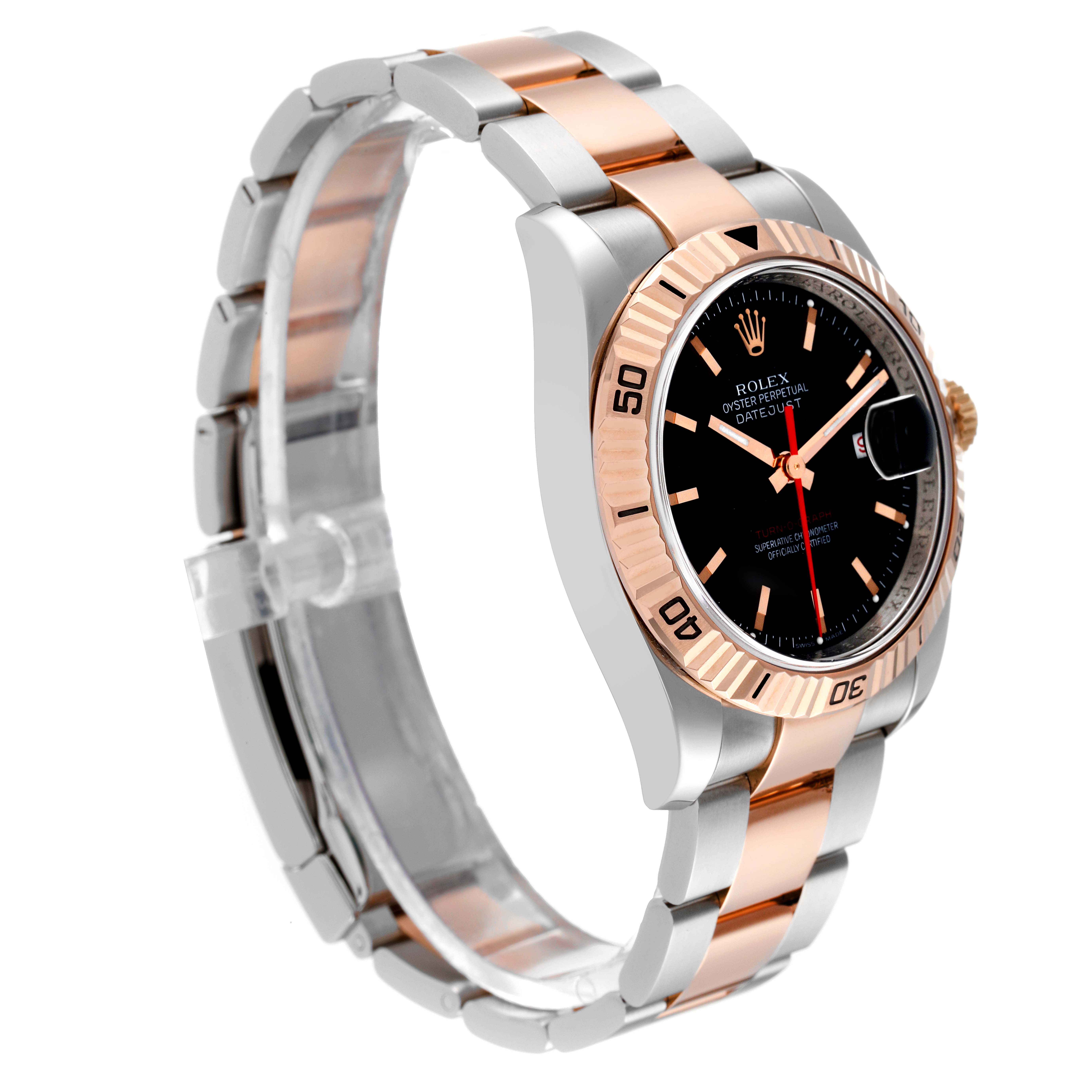 This image shows a side angled view of the Rolex Turn-o-Graph 116261 Men
s Steel and Gold (two tone) Black Dial 116261 Men
s Steel and Gold (two tone) Black Dial watch, highlighting its two-tone bracelet and bezel.