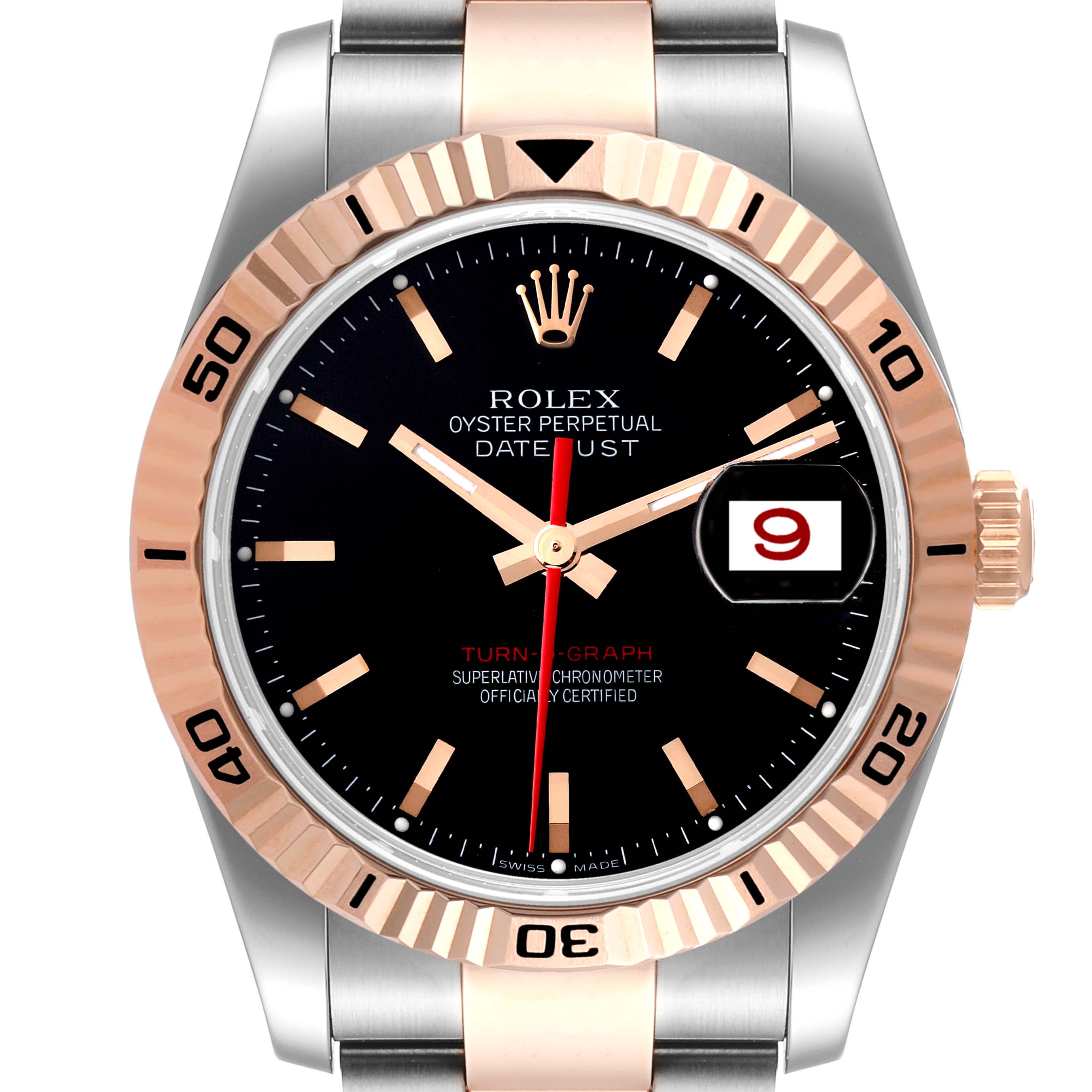 The image shows a front view of the Rolex Turn-o-Graph 116261 Men
s Steel and Gold (two tone) Black Dial 116261 Men
s Steel and Gold (two tone) Black Dial watch, highlighting its face, bezel, crown, and top of the bracelet.