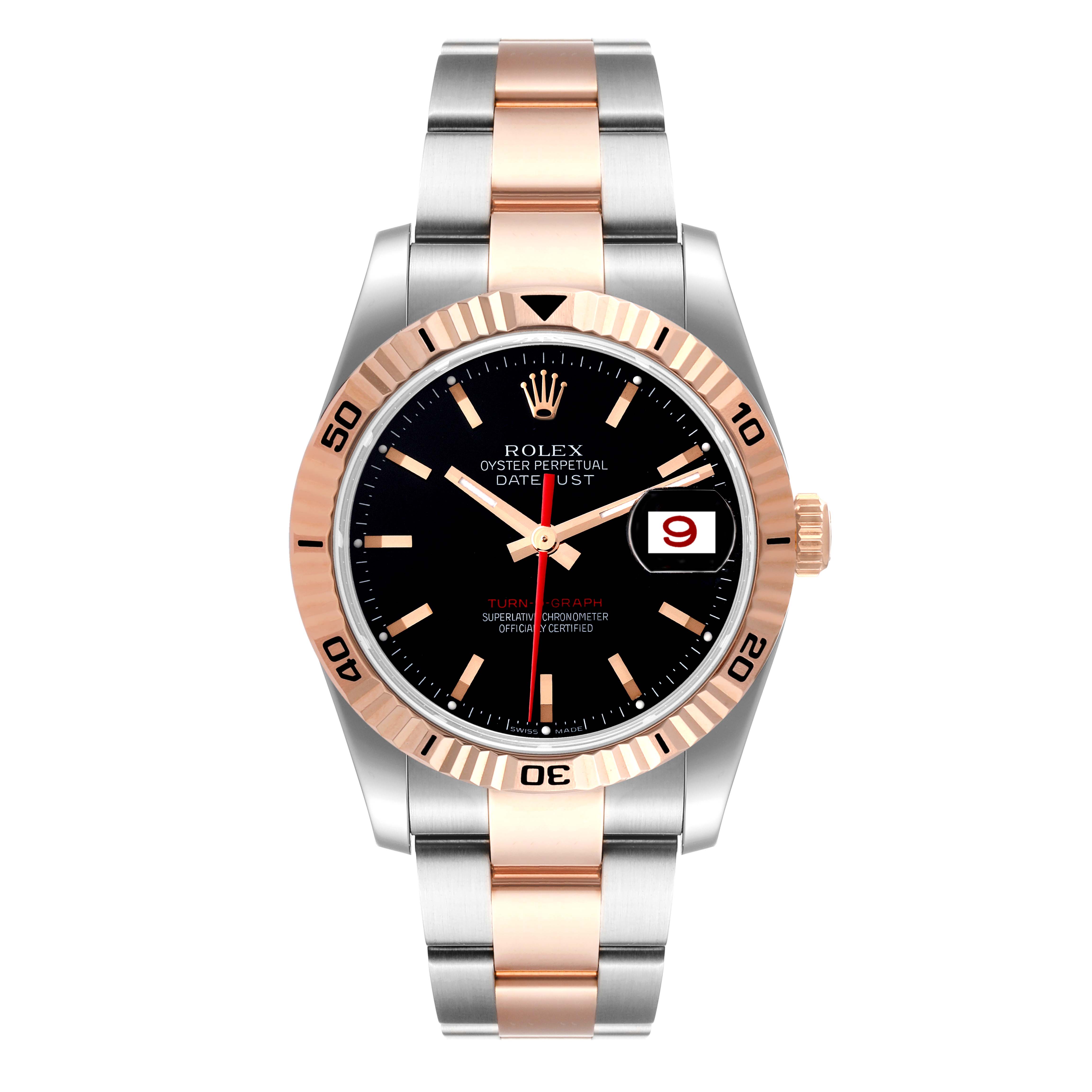 This image shows a front view of the Rolex Turn-o-Graph 116261 Men
s Steel and Gold (two tone) Black Dial 116261 Men
s Steel and Gold (two tone) Black Dial model watch, highlighting the dial, bezel, and two-tone bracelet.