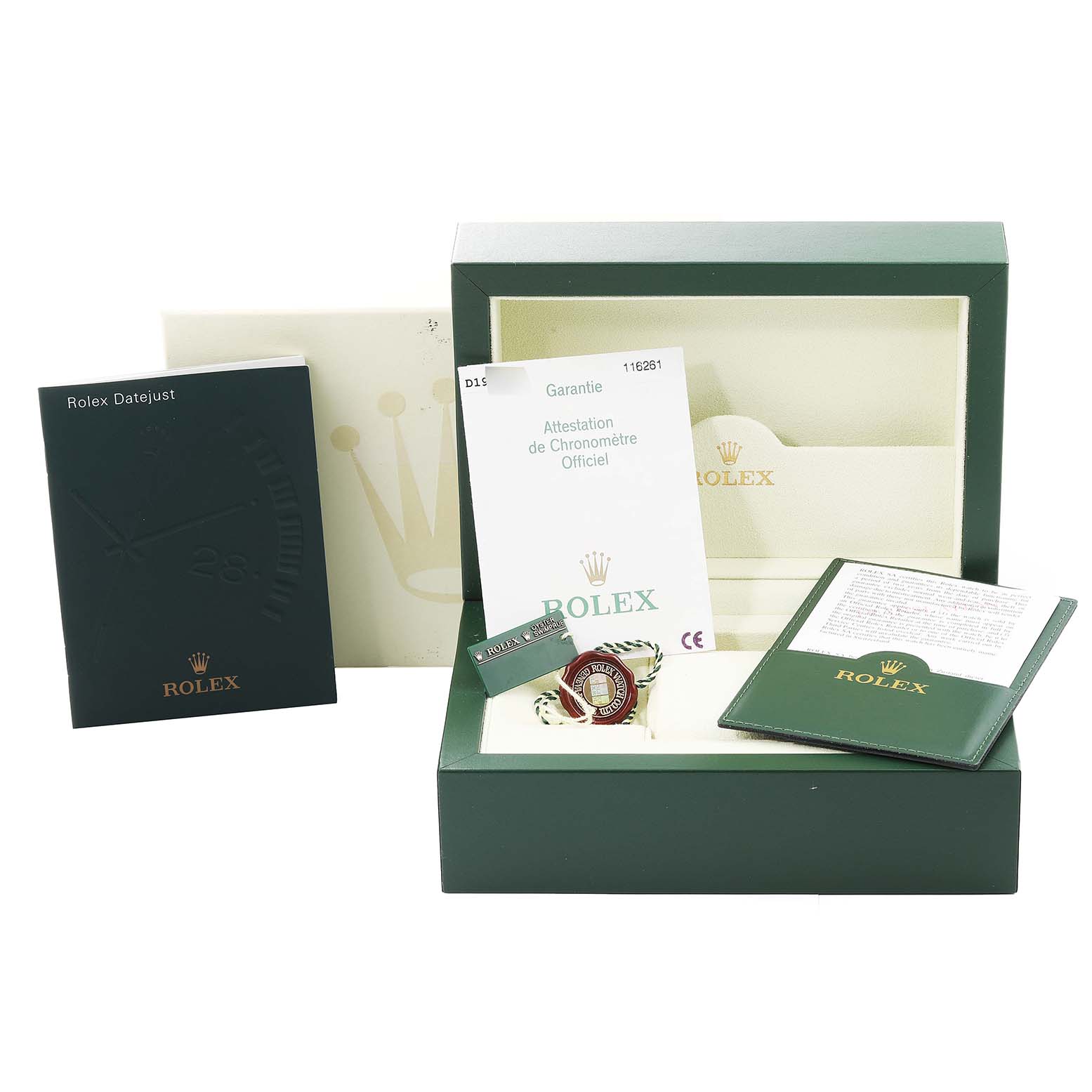 The image shows a Rolex Turn-o-Graph 116261 Men
s Steel and Gold (two tone) Black Dial 116261 Men
s Steel and Gold (two tone) Black Dial watch packaging, including a green box, manuals, and certification papers.