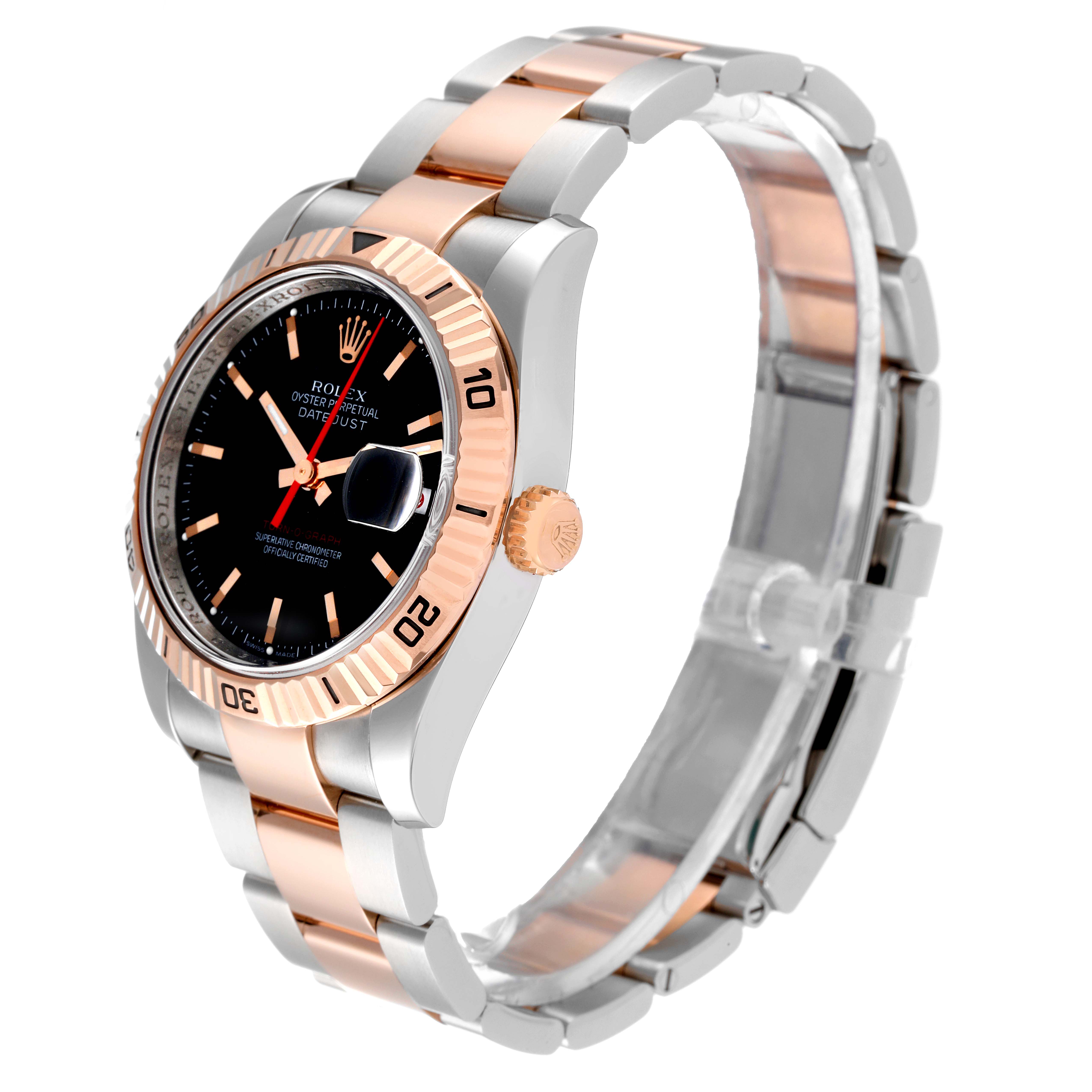 The image shows a side view of a Rolex Turn-o-Graph 116261 Men
s Steel and Gold (two tone) Black Dial 116261 Men
s Steel and Gold (two tone) Black Dial watch, highlighting its bezel, dial, crown, and bracelet.