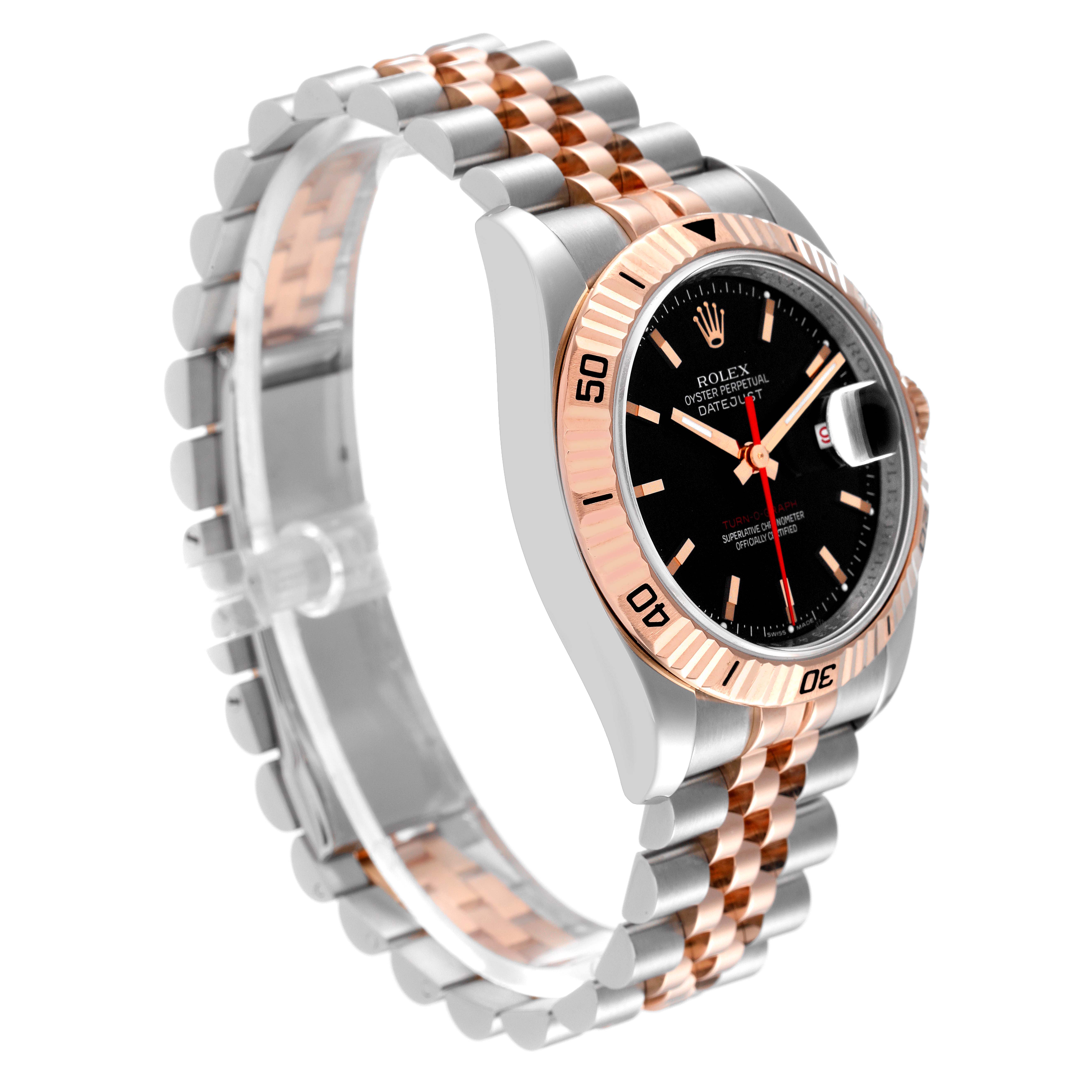 The image shows a Rolex Turn-o-Graph 116261 Men's Steel and Gold (two tone) Black Dial 116261 Men's Steel and Gold (two tone) Black Dial watch at an angle highlighting its dial, bezel, and two-tone bracelet.