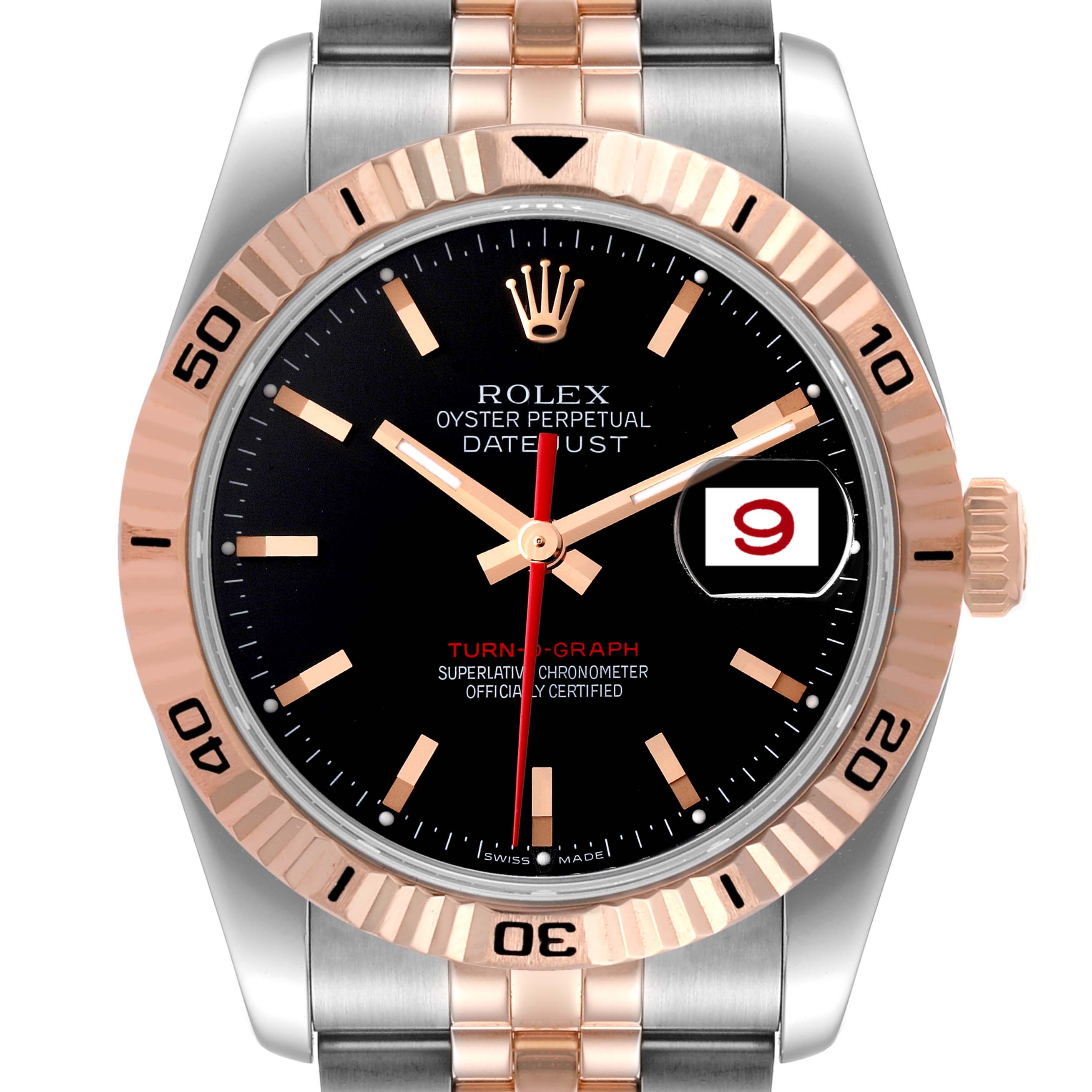 The image shows the Rolex Turn-o-Graph 116261 Men's Steel and Gold (two tone) Black Dial 116261 Men's Steel and Gold (two tone) Black Dial watch from the front, highlighting the dial, bezel, and part of the bracelet.