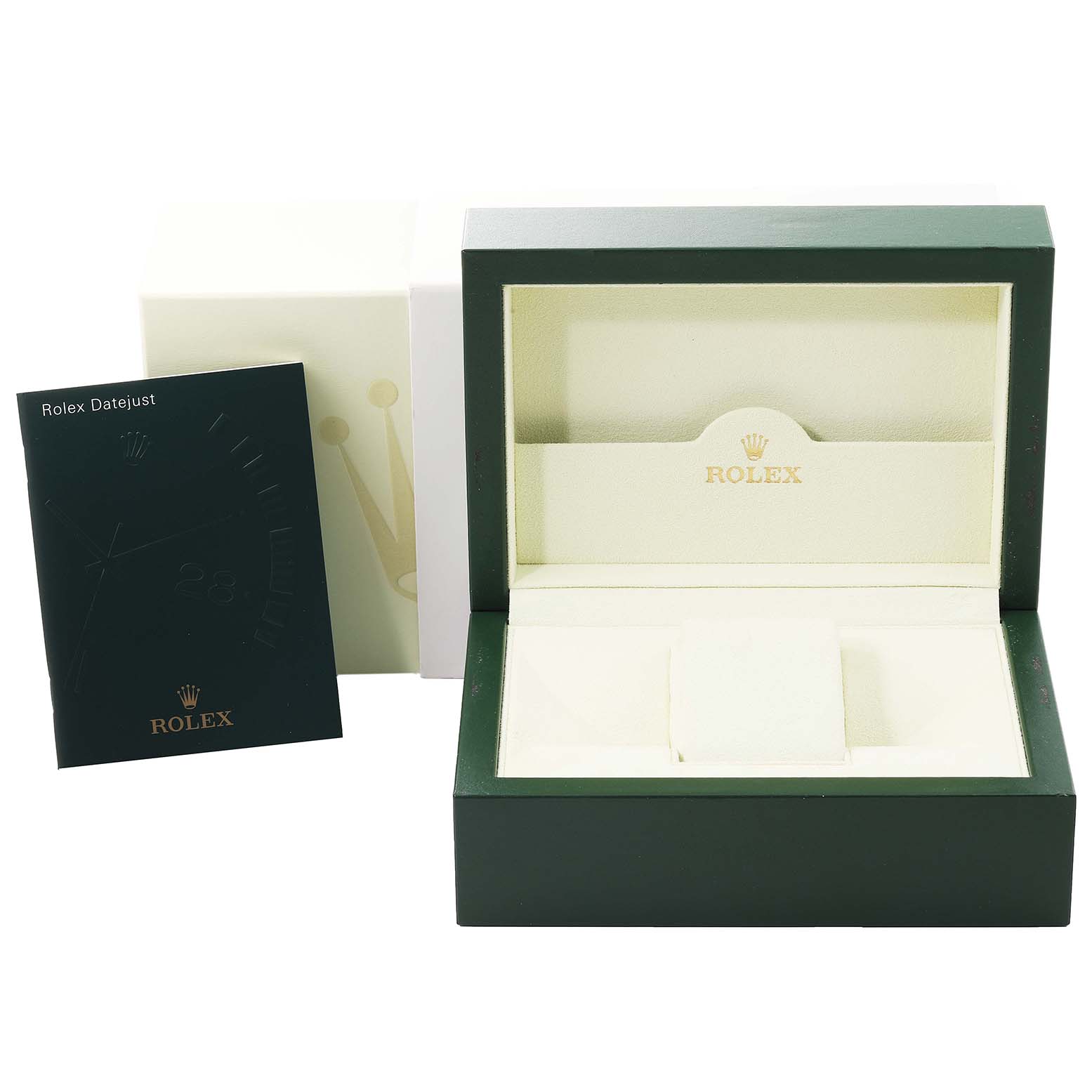 The image shows the open box and manual for a Rolex Turn-o-Graph 116261 Men's Steel and Gold (two tone) Black Dial 116261 Men's Steel and Gold (two tone) Black Dial watch, with no watch visible.