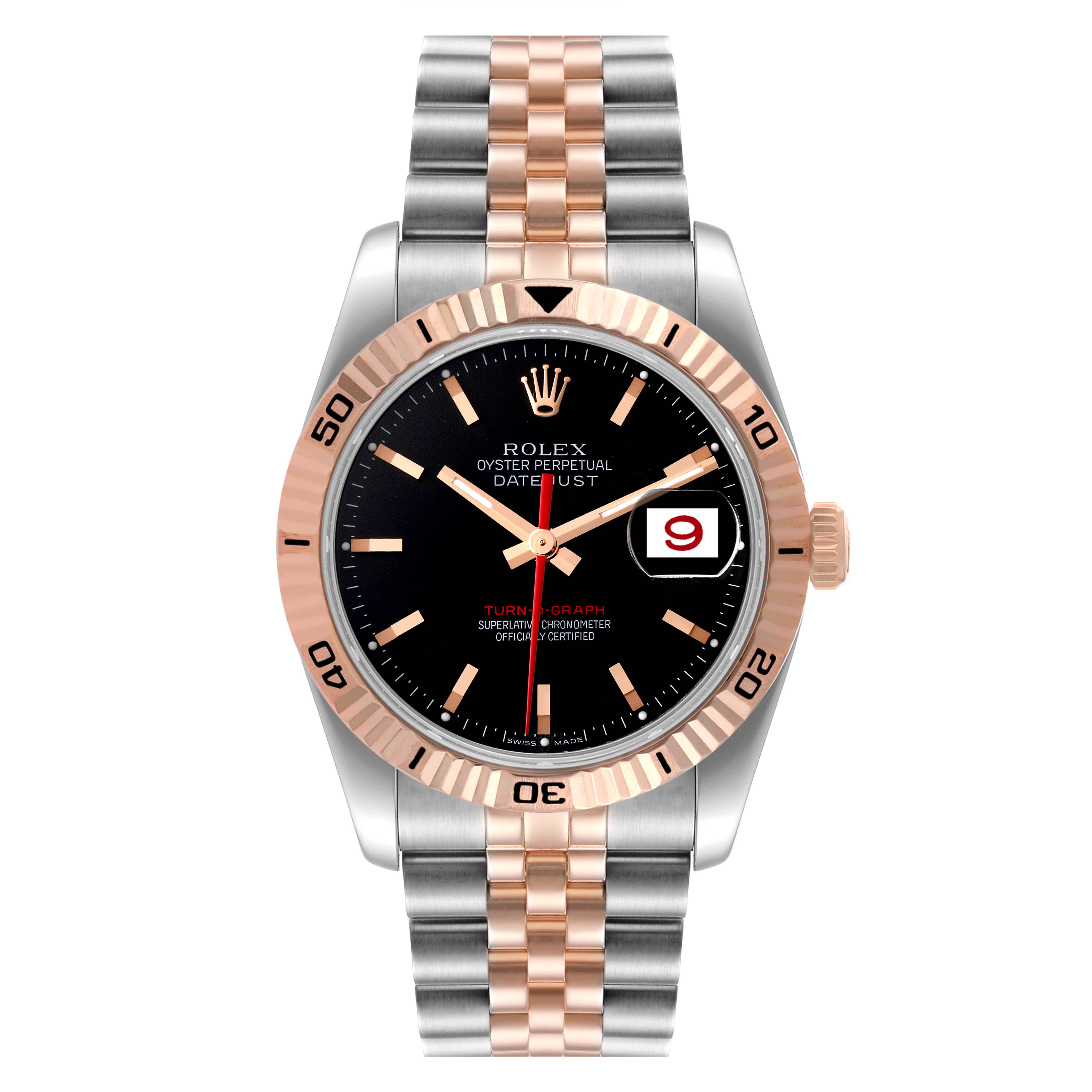 This image shows a front view of a Rolex Turn-o-Graph 116261 Men's Steel and Gold (two tone) Black Dial 116261 Men's Steel and Gold (two tone) Black Dial watch, featuring a black dial, two-tone bezel, and Jubilee bracelet.