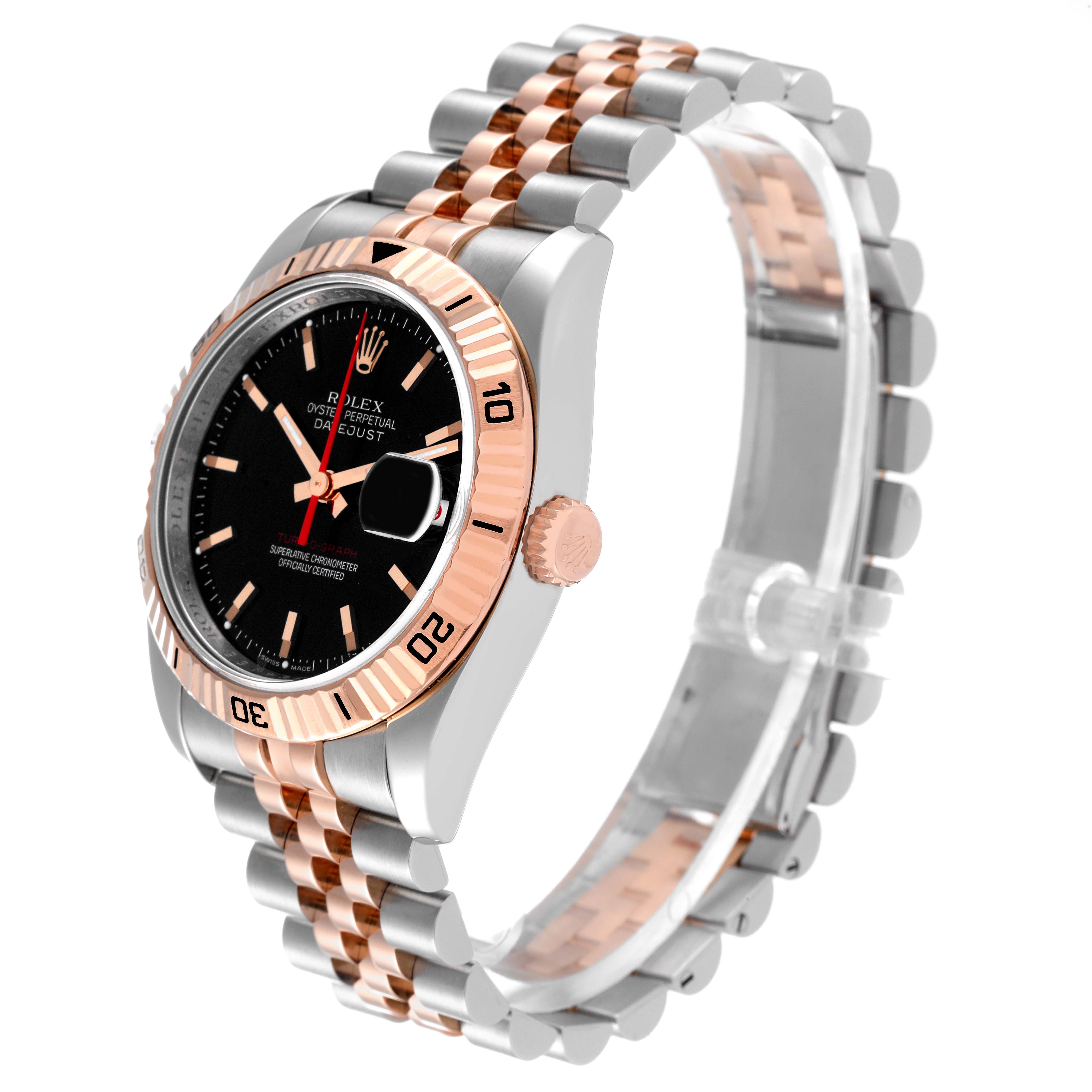 The image shows the Rolex Turn-o-Graph 116261 Men's Steel and Gold (two tone) Black Dial 116261 Men's Steel and Gold (two tone) Black Dial watch from a three-quarter angle, highlighting the face, bezel, crown, and bracelet.