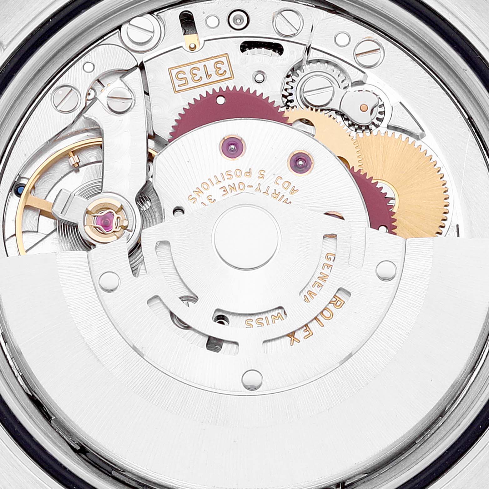 The image shows a close-up view of the movement mechanism of a Rolex Turn-o-Graph 116261 Men's Steel and Gold (two tone) Black Dial 116261 Men's Steel and Gold (two tone) Black Dial watch, highlighting gears and internal components.
