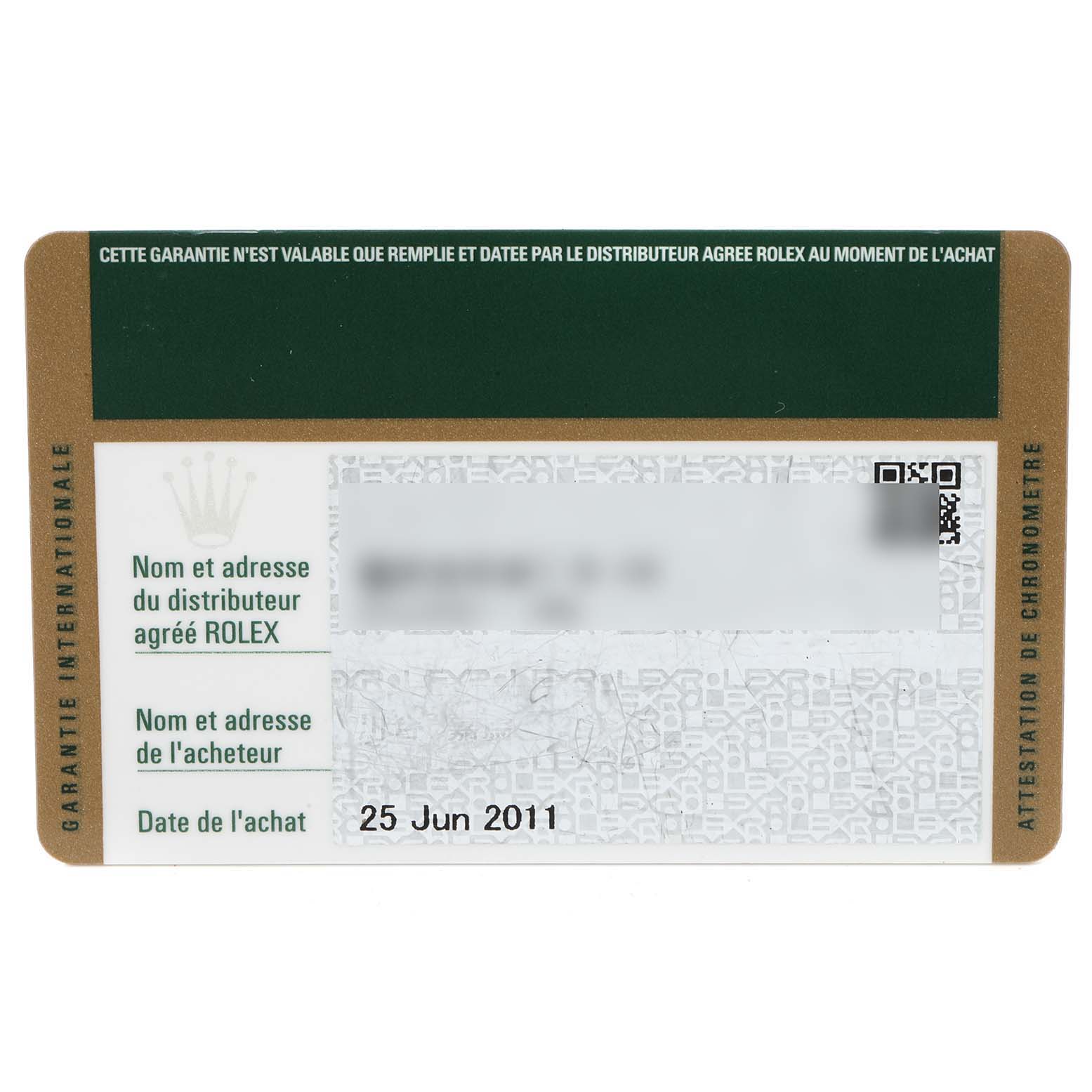 This image shows the warranty card for a Rolex Turn-o-Graph 116263 Men's Steel and Gold (two tone) Black Dial 116263 Men's Steel and Gold (two tone) Black Dial watch.