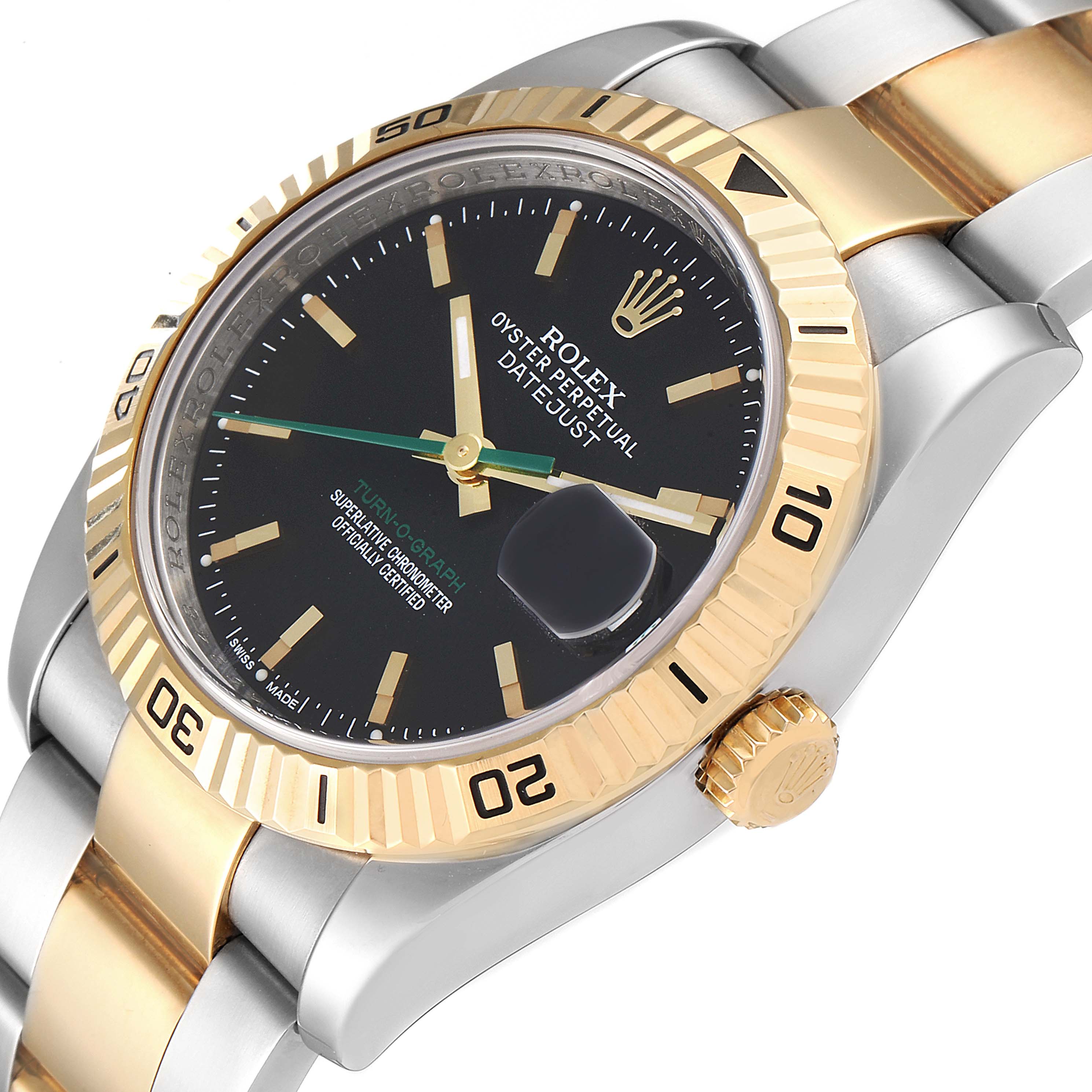 This image shows a Rolex Turn-o-Graph 116263 Men's Steel and Gold (two tone) Black Dial 116263 Men's Steel and Gold (two tone) Black Dial watch at an angled close-up, highlighting the dial, bezel, crown, and bracelet.