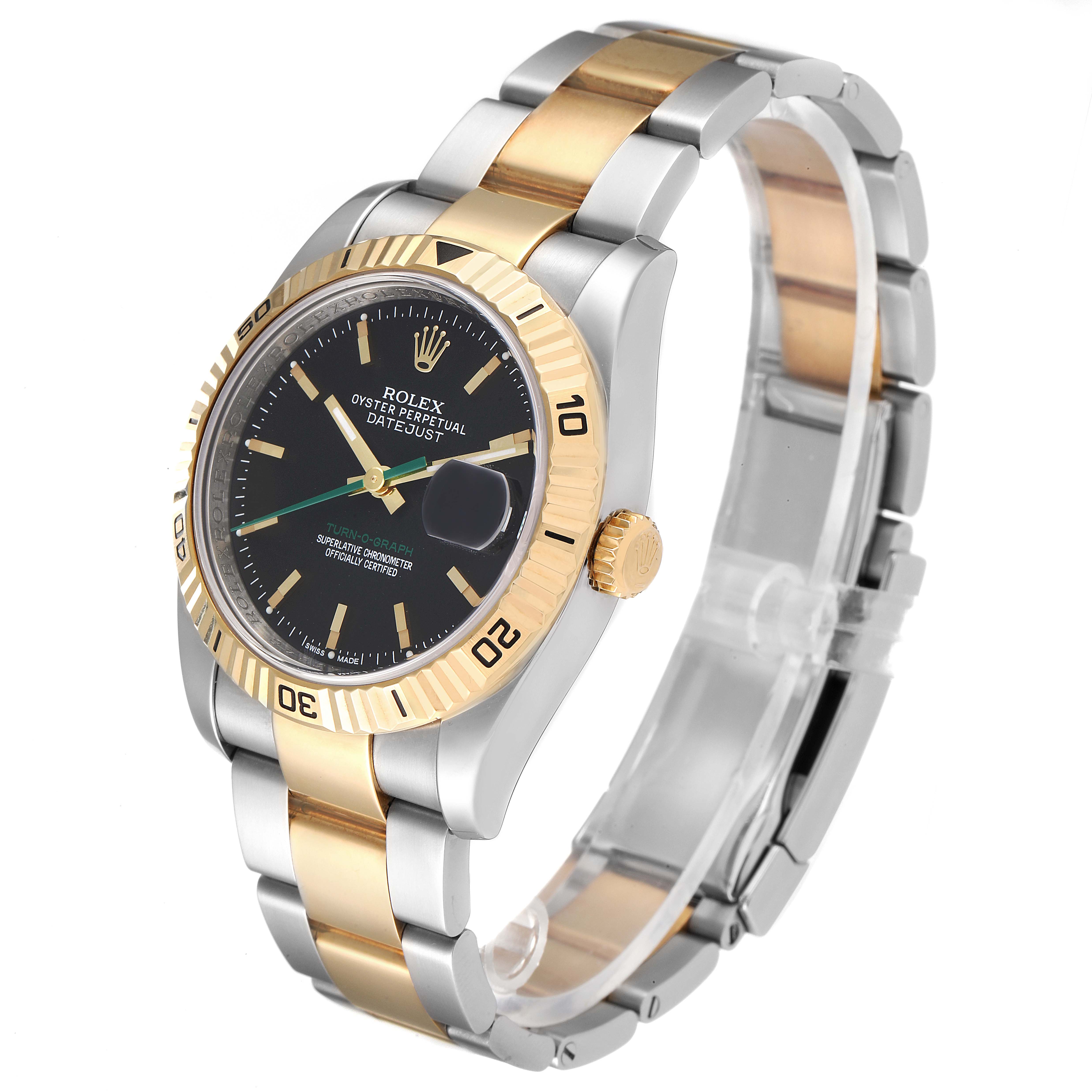 The Rolex Turn-o-Graph 116263 Men's Steel and Gold (two tone) Black Dial 116263 Men's Steel and Gold (two tone) Black Dial is shown at a three-quarter angle, revealing its black dial, gold bezel, and two-tone bracelet.
