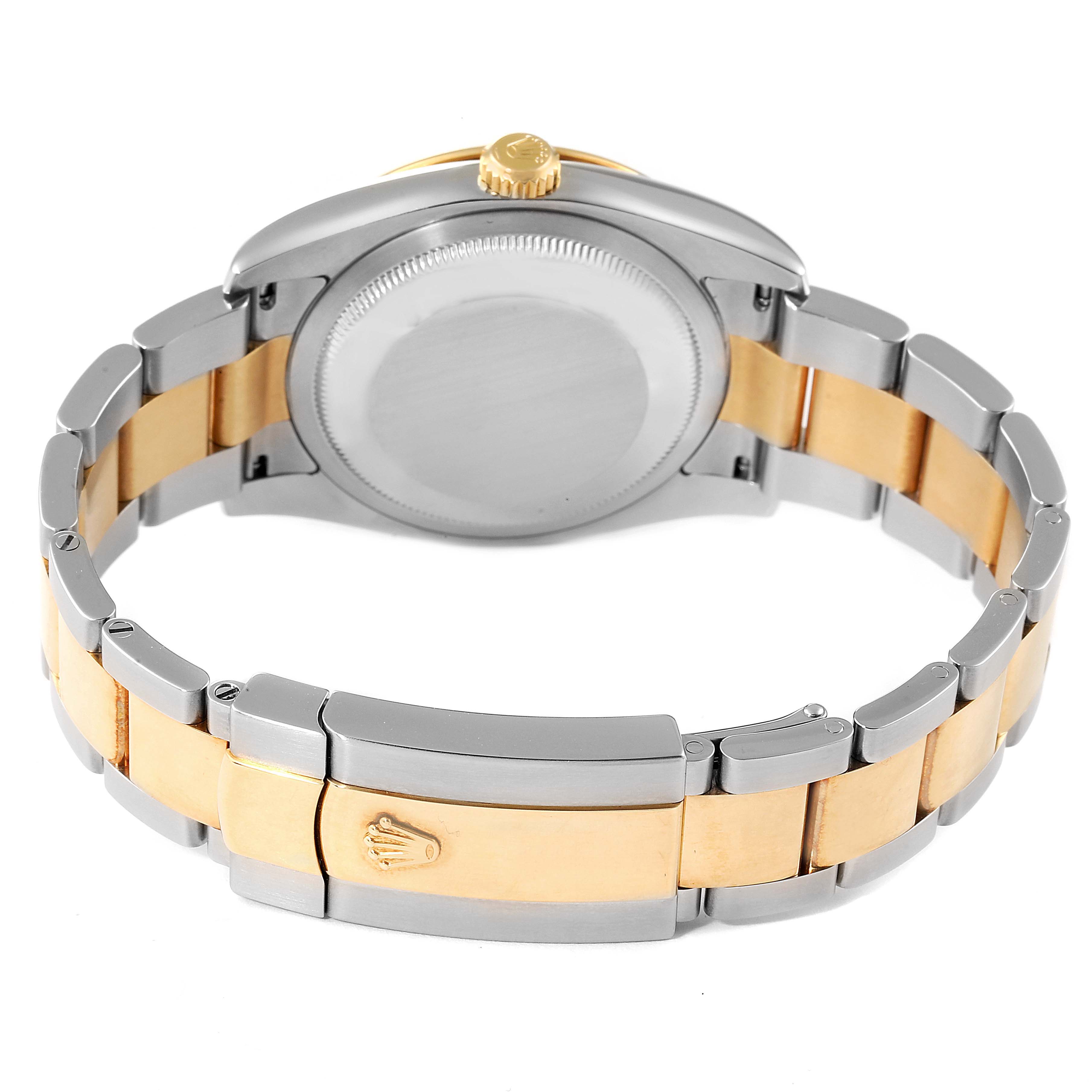 This image shows the back case and bracelet of a Rolex Turn-o-Graph 116263 Men's Steel and Gold (two tone) Black Dial 116263 Men's Steel and Gold (two tone) Black Dial watch from a rear angle.