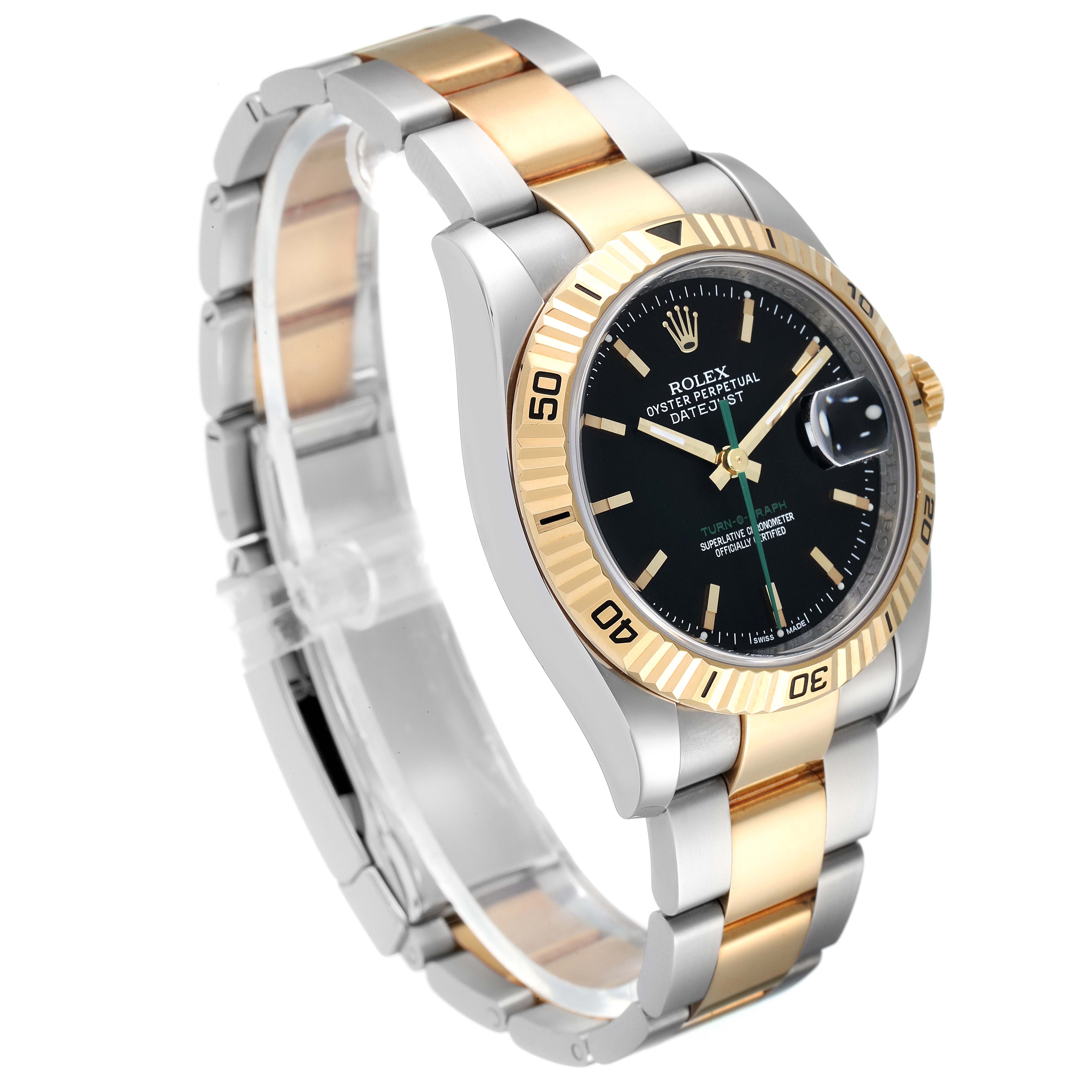 The image shows a Rolex Turn-o-Graph 116263 Men's Steel and Gold (two tone) Black Dial 116263 Men's Steel and Gold (two tone) Black Dial watch at an oblique angle, highlighting its bracelet, bezel, and dial.