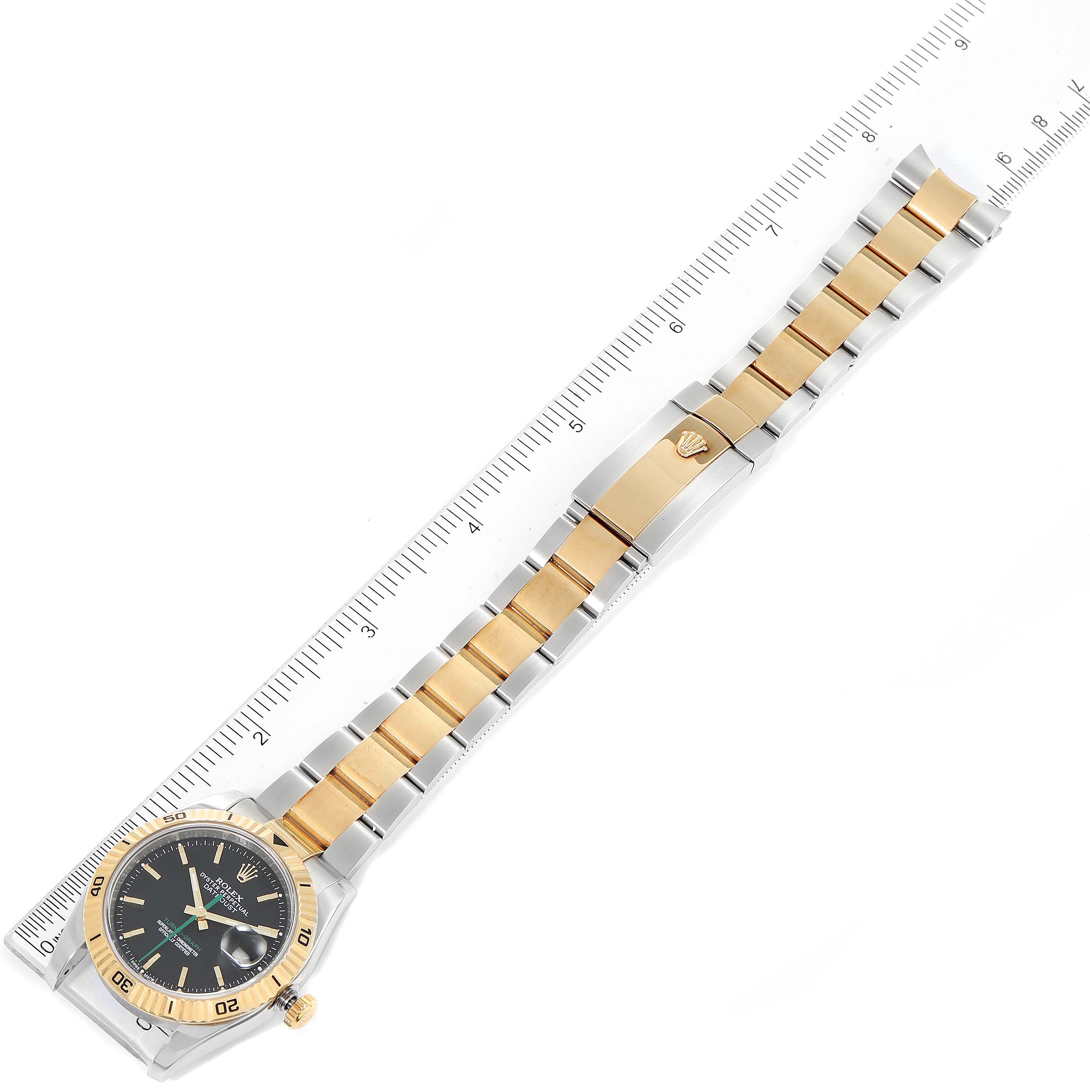 This image shows a top-down view of a Rolex Turn-o-Graph 116263 Men's Steel and Gold (two tone) Black Dial 116263 Men's Steel and Gold (two tone) Black Dial watch including its face, bezel, and two-tone bracelet.