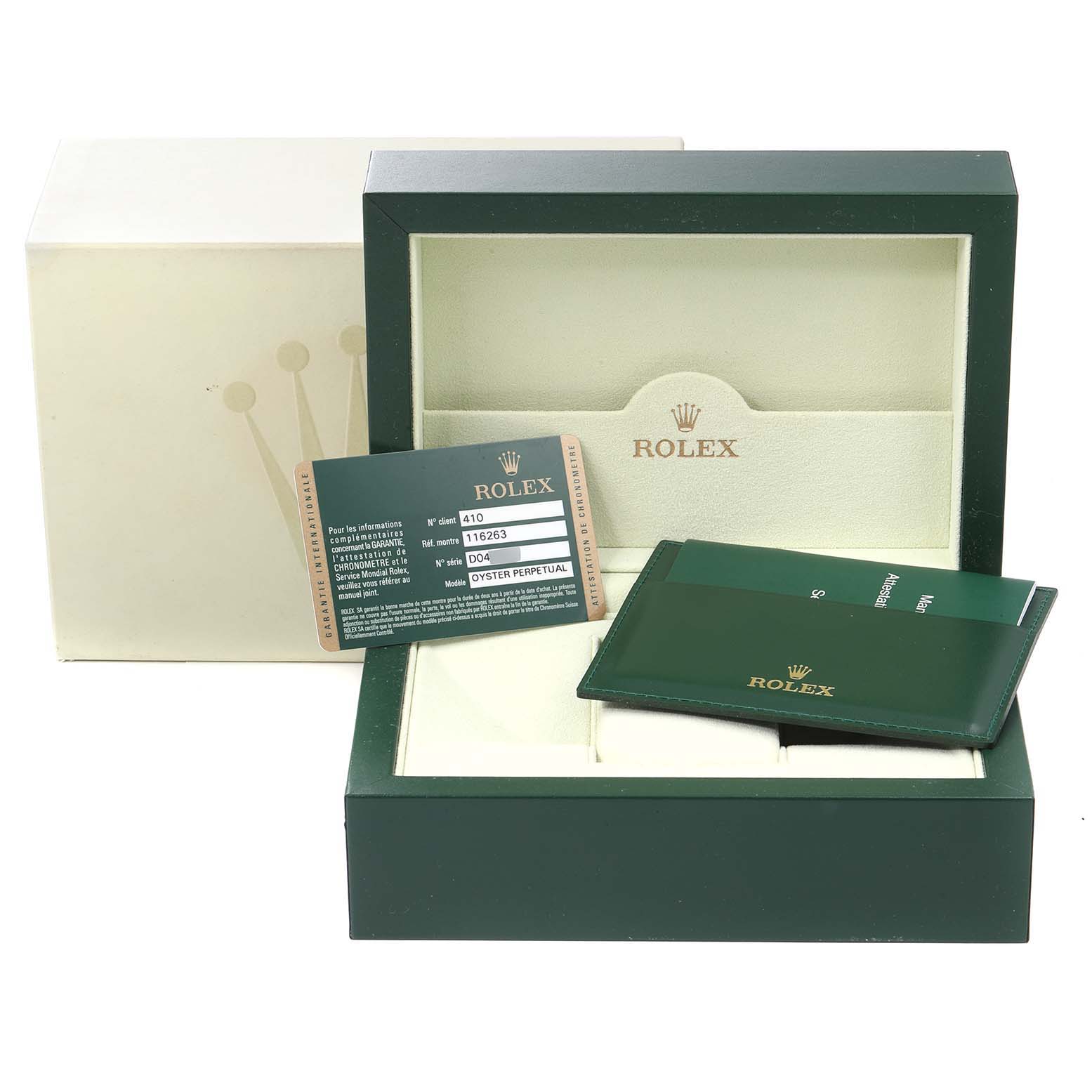 This image shows a Rolex Turn-o-Graph 116263 Men's Steel and Gold (two tone) Black Dial 116263 Men's Steel and Gold (two tone) Black Dial watch box, warranty card, and booklet from an angled top-front perspective.