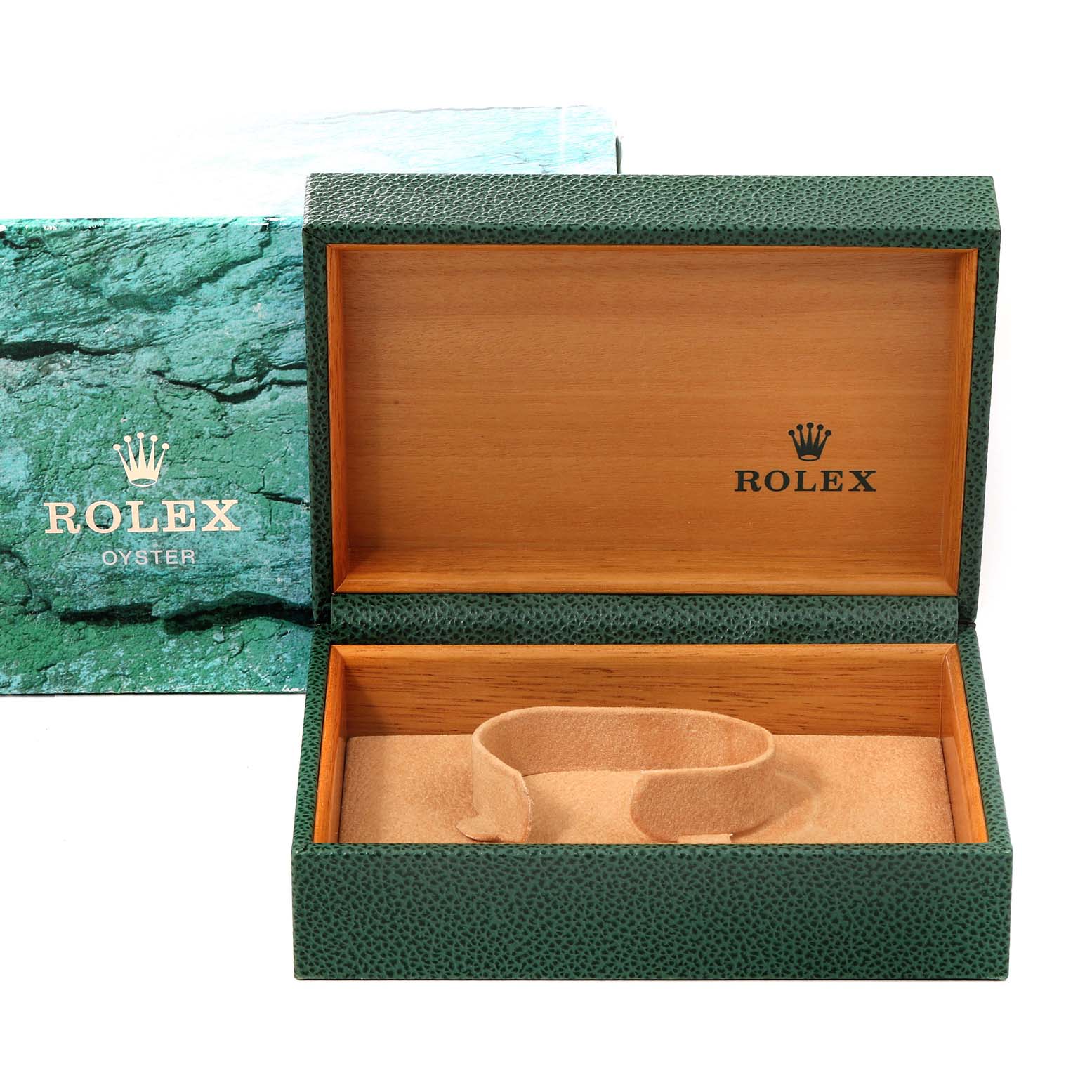 This image shows an open Rolex Yacht-Master 169623 Women's Steel and Gold (two tone) Blue Dial 169623 Women's Steel and Gold (two tone) Blue Dial watch box, featuring its green and wood design interior.