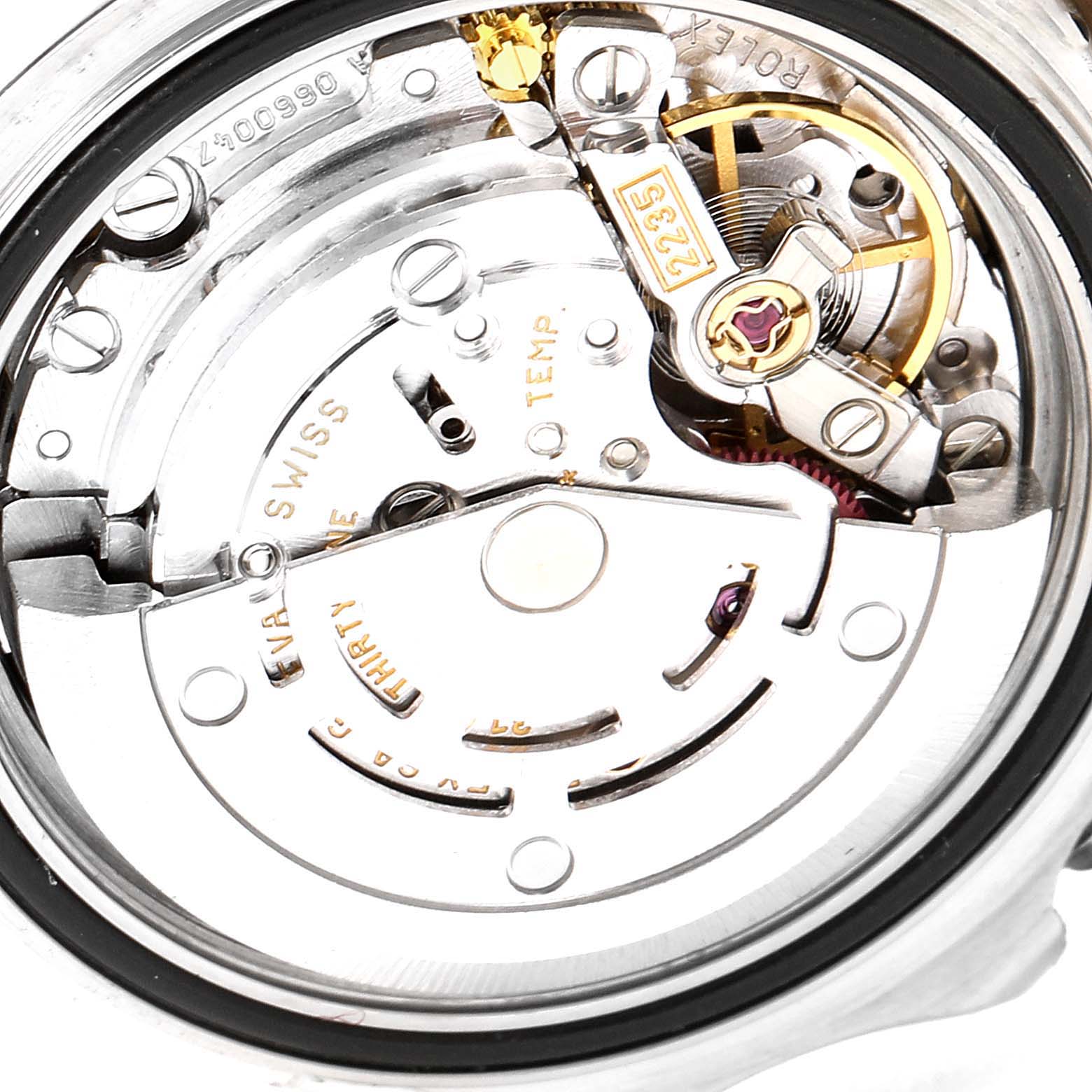 The image shows the internal mechanics of a Rolex Yacht-Master 169623 Women's Steel and Gold (two tone) Blue Dial 169623 Women's Steel and Gold (two tone) Blue Dial watch with a focus on the movement parts.