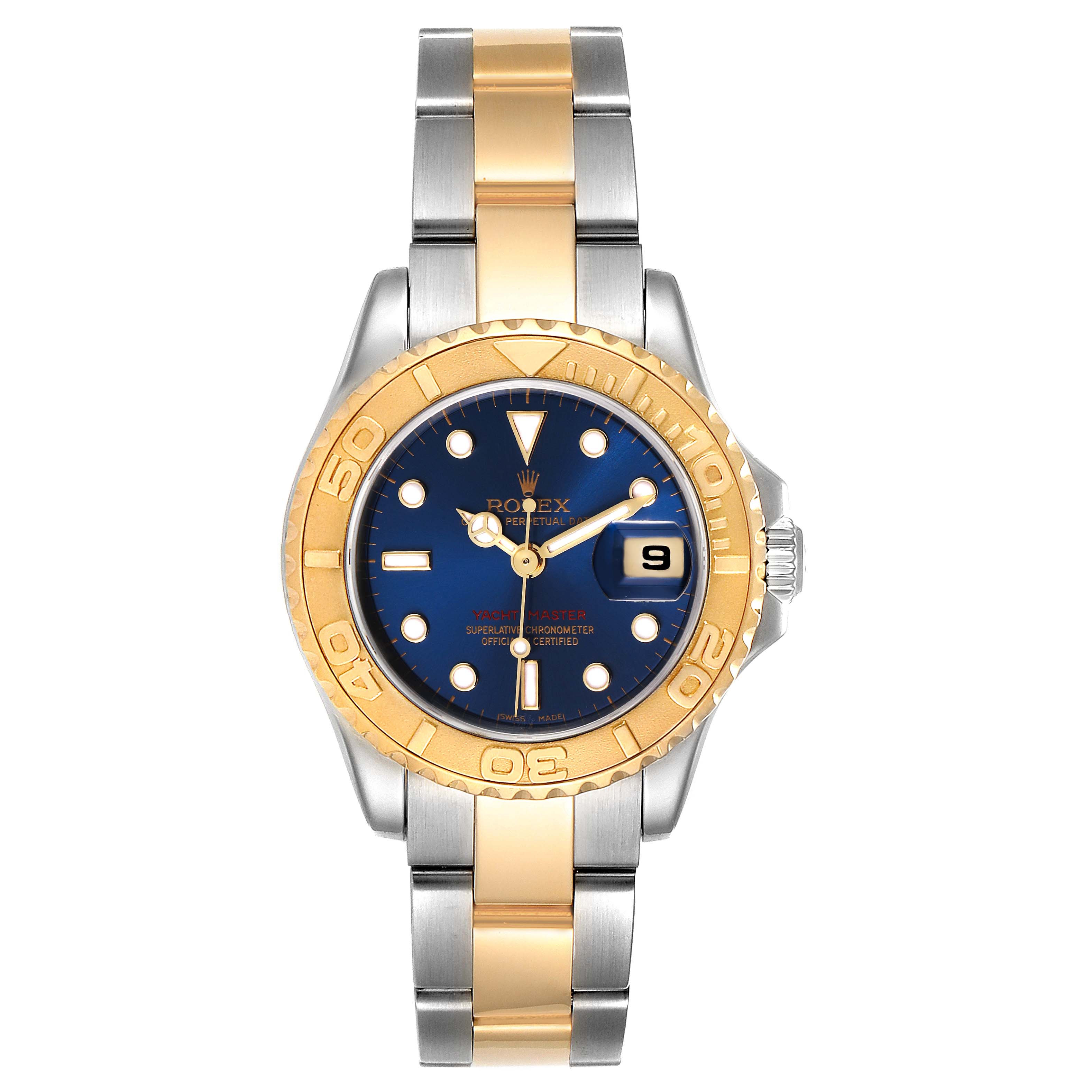 The image shows a front view of a Rolex Yacht-Master 169623 Women's Steel and Gold (two tone) Blue Dial 169623 Women's Steel and Gold (two tone) Blue Dial watch with a blue dial, gold bezel, and two-tone metal bracelet.