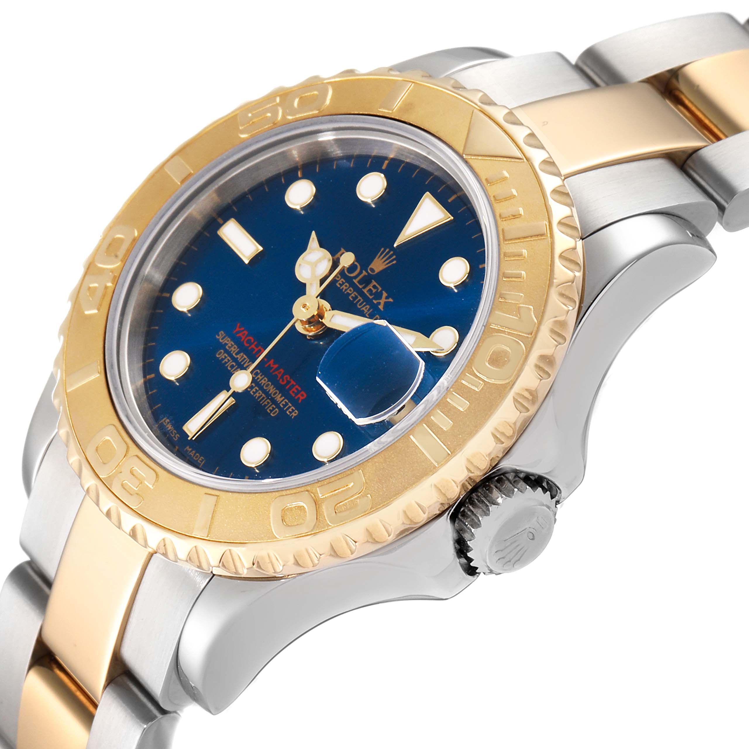 The image shows a close-up of the Rolex Yacht-Master 169623 Women's Steel and Gold (two tone) Blue Dial 169623 Women's Steel and Gold (two tone) Blue Dial watch from a side angle, highlighting the bezel, crown, and dial.