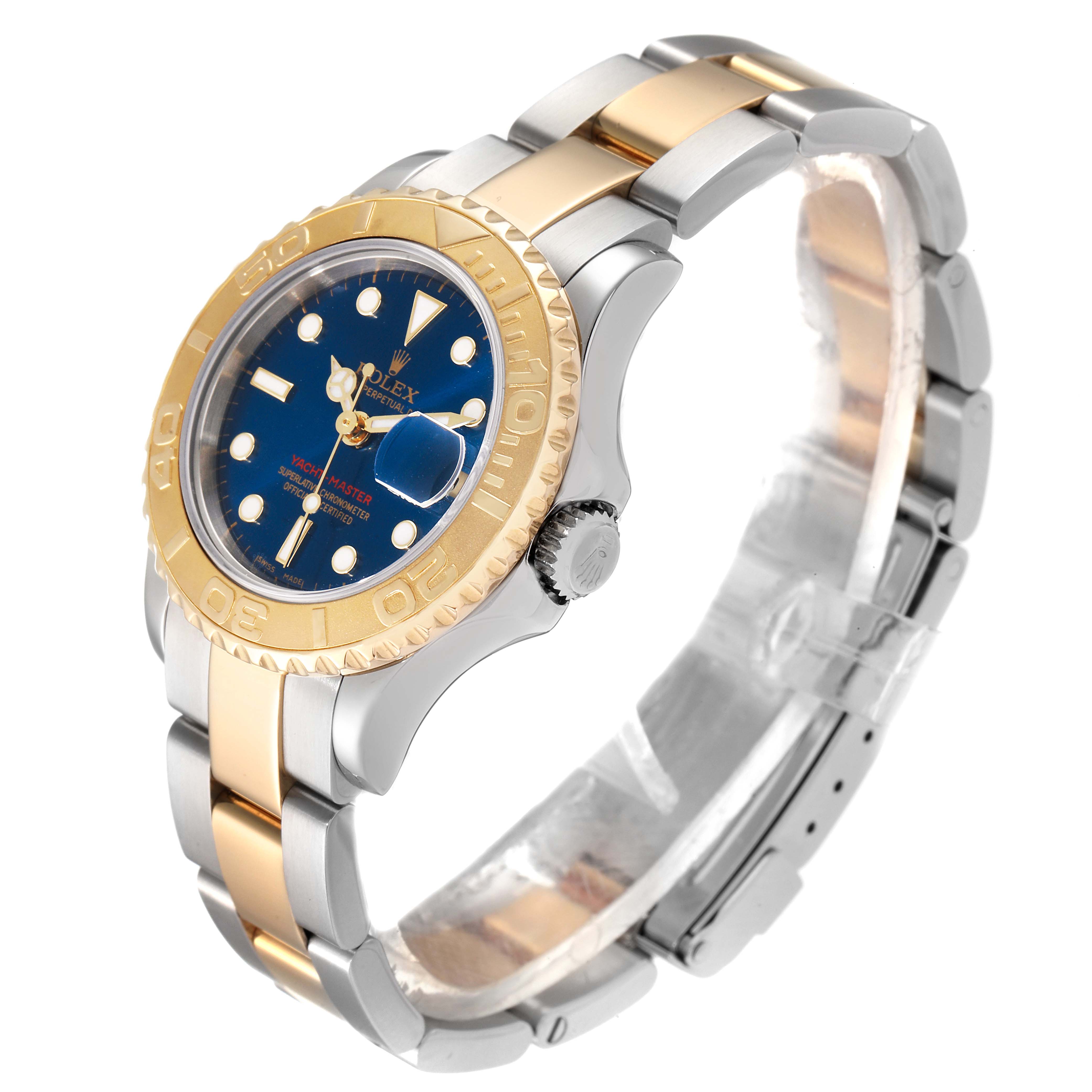 The Rolex Yacht-Master 169623 Women's Steel and Gold (two tone) Blue Dial 169623 Women's Steel and Gold (two tone) Blue Dial watch is shown at an angled side view, highlighting its blue dial, gold bezel, and two-tone bracelet.