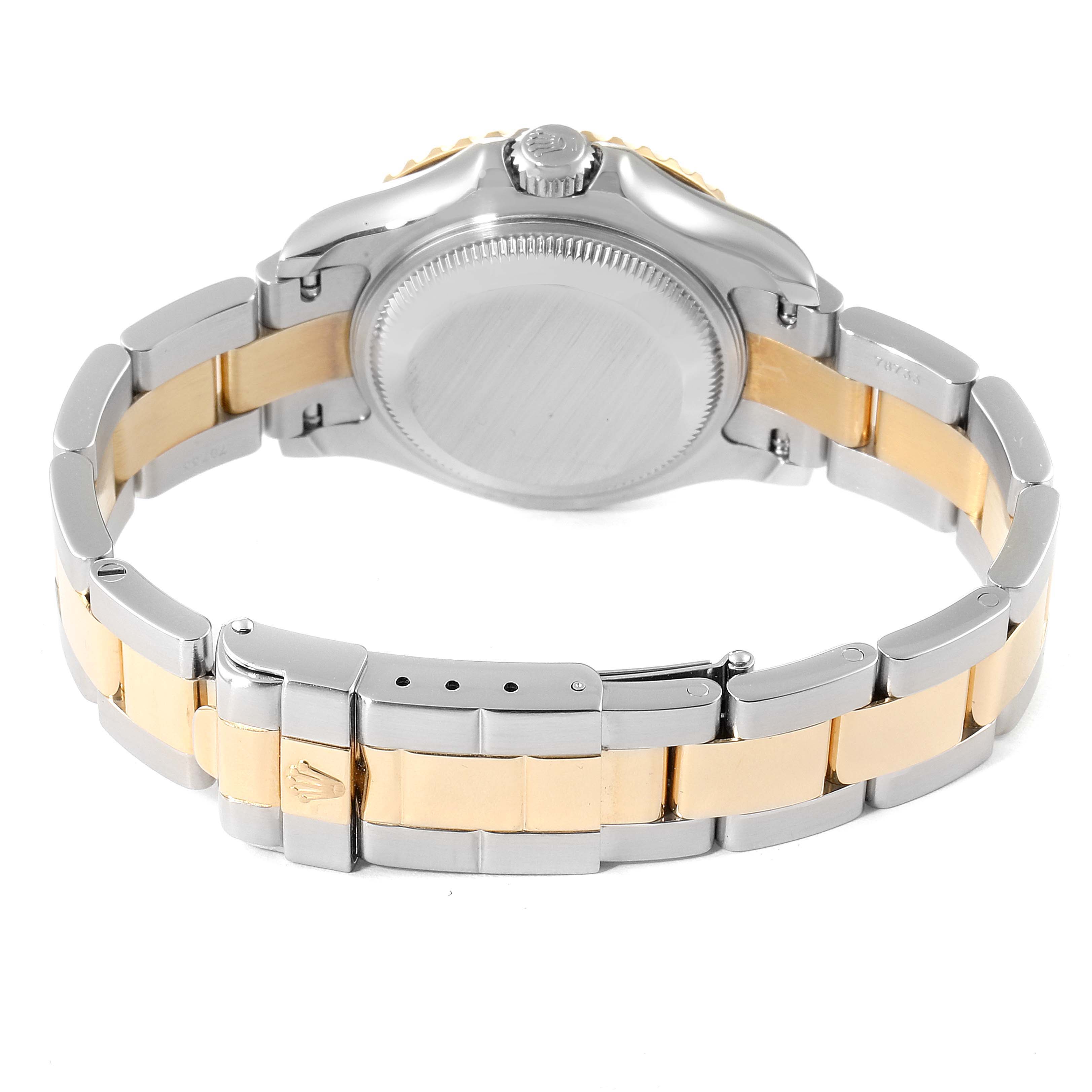 This image shows the back view and bracelet of the Rolex Yacht-Master 169623 Women's Steel and Gold (two tone) Blue Dial 169623 Women's Steel and Gold (two tone) Blue Dial watch, featuring a two-tone metal design.