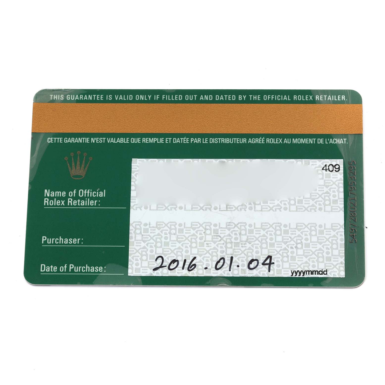 The image shows a warranty card for a Rolex Yacht-Master 116680 Men's Stainless Steel White Dial 116680 Men's Stainless Steel White Dial watch, featuring purchase details.