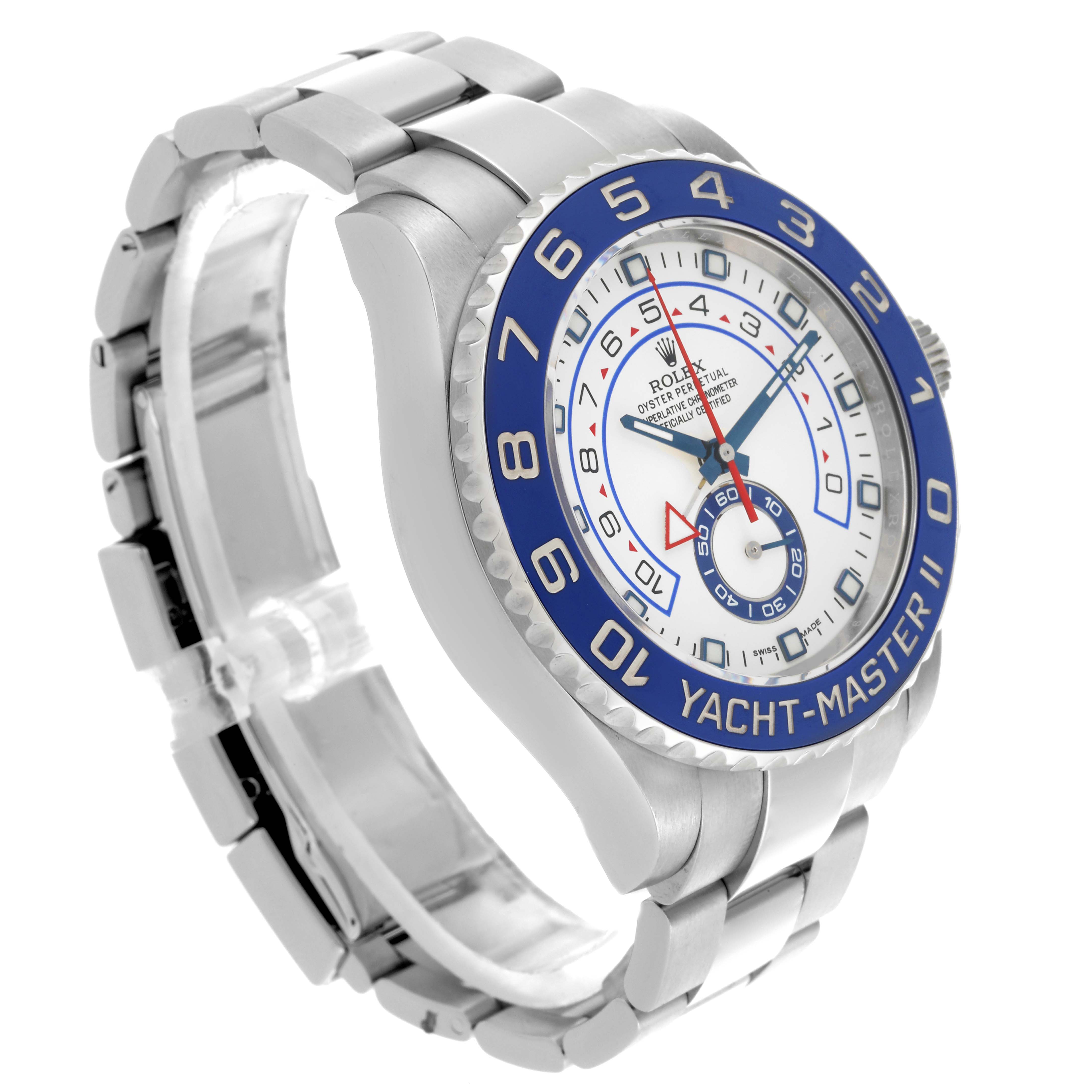 The Rolex Yacht-Master 116680 Men's Stainless Steel White Dial 116680 Men's Stainless Steel White Dial watch is shown at a three-quarter angle, displaying the face, bezel, and bracelet.