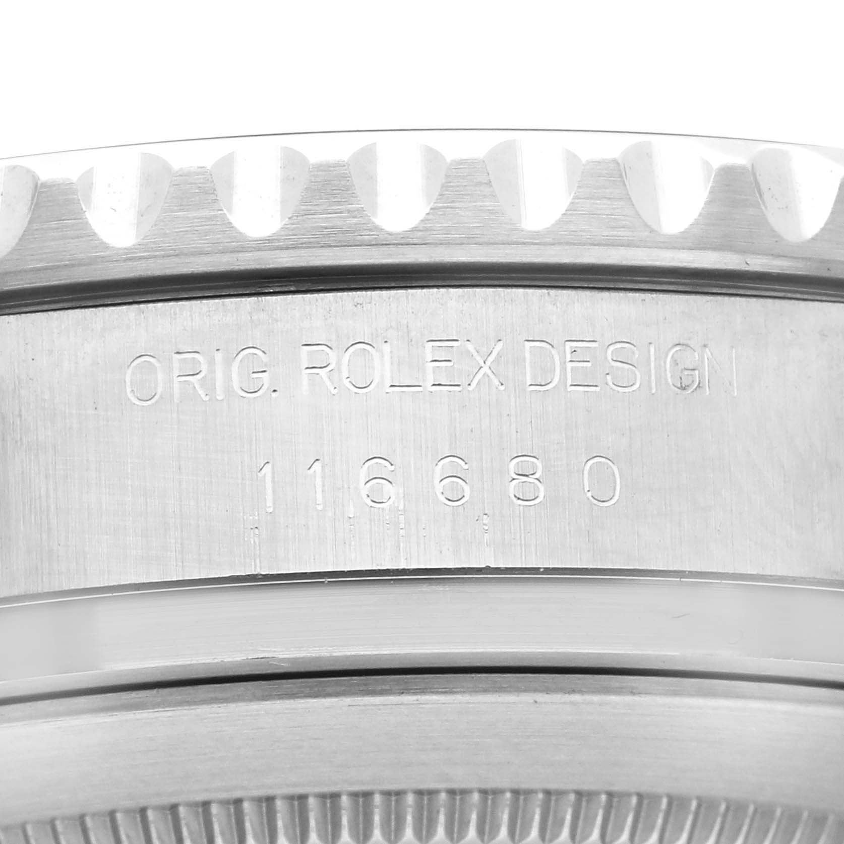 The image shows the side of a Rolex Yacht-Master 116680 Men's Stainless Steel White Dial 116680 Men's Stainless Steel White Dial, highlighting the engraving "ORIG. ROLEX DESIGN 116680."