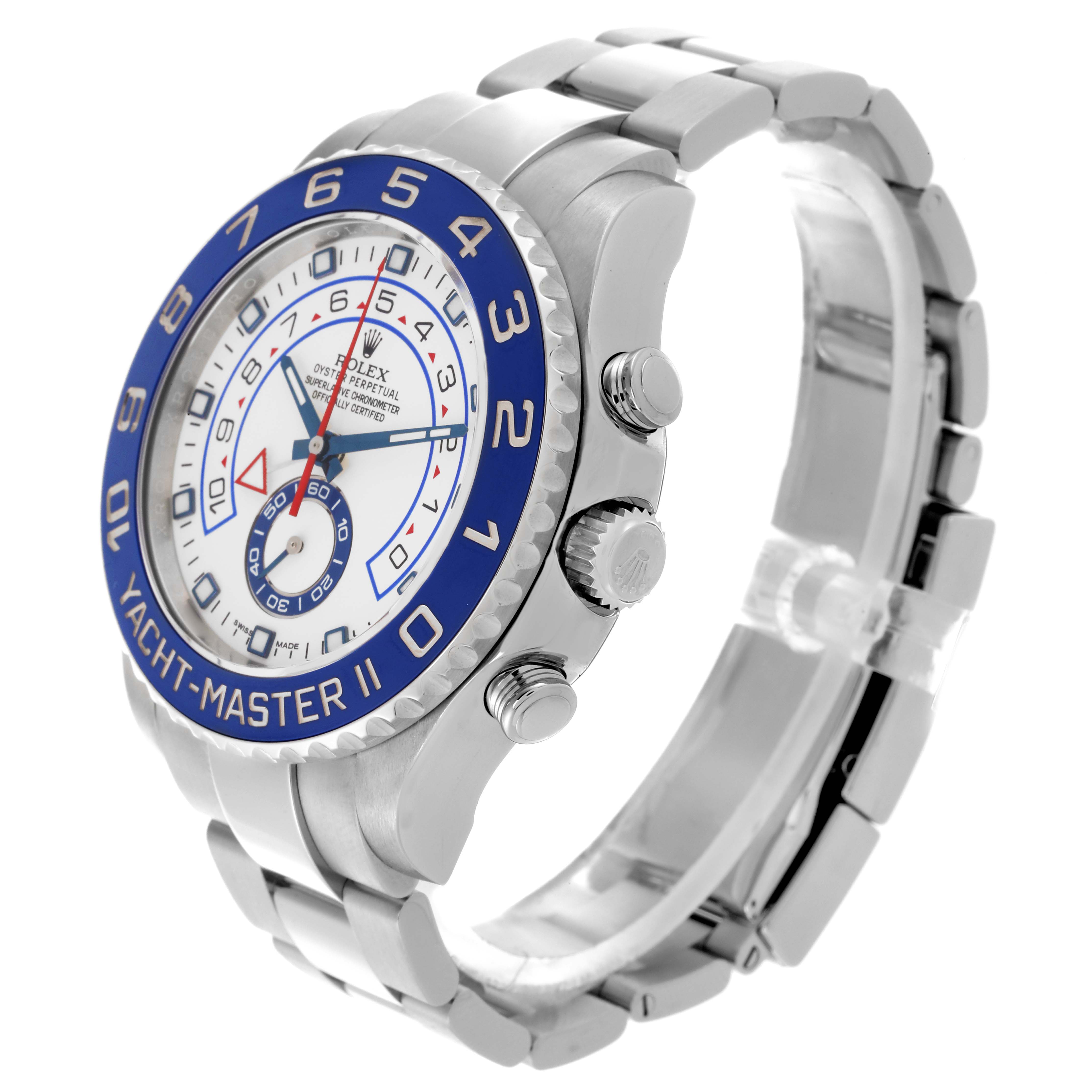 The Rolex Yacht-Master 116680 Men's Stainless Steel White Dial 116680 Men's Stainless Steel White Dial watch is shown at a three-quarter angle, displaying the bezel, dial, crown, and part of the bracelet.