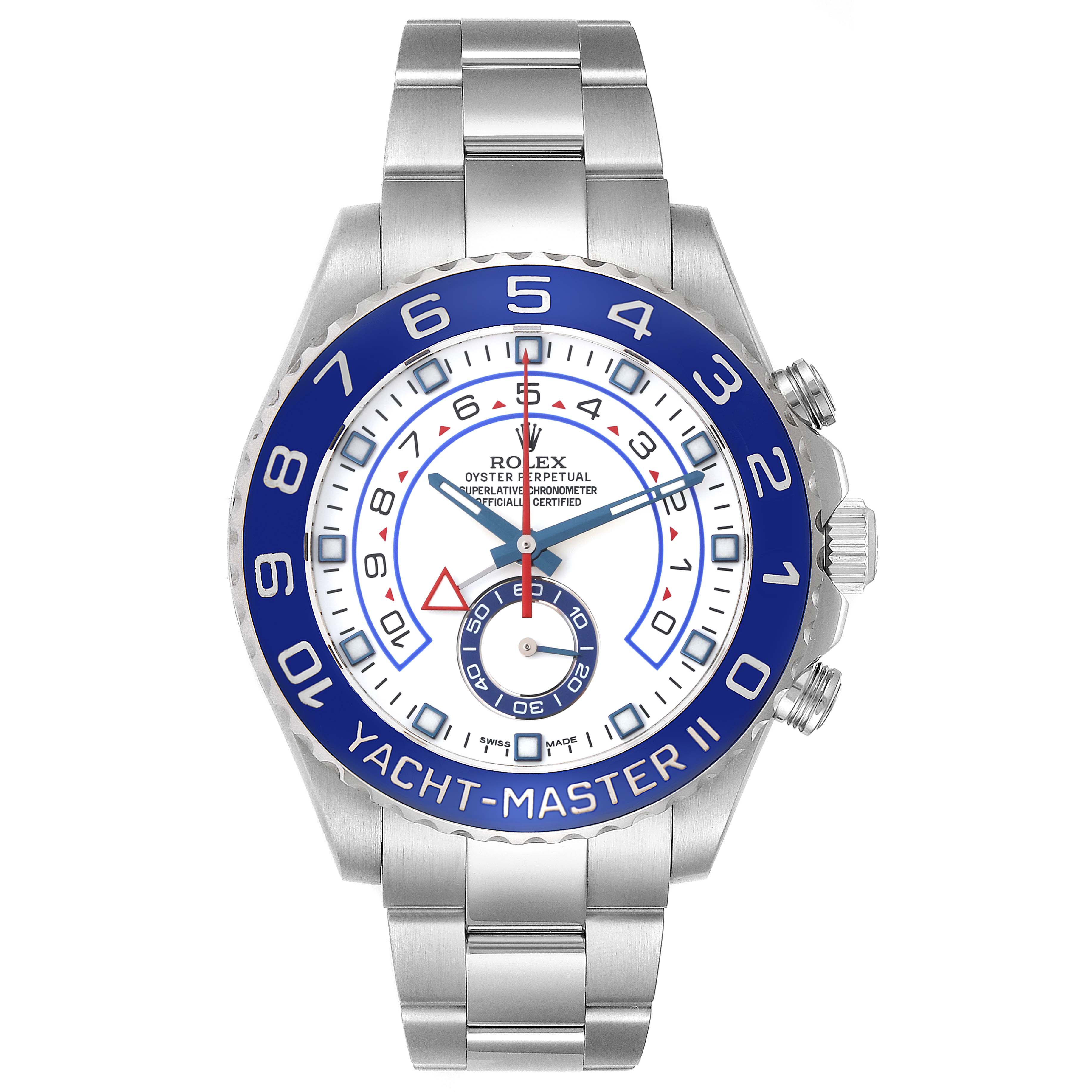 The Rolex Yacht-Master 116680 Men's Stainless Steel White Dial 116680 Men's Stainless Steel White Dial II watch is shown from a front angle, highlighting its dial, bezel, and bracelet.