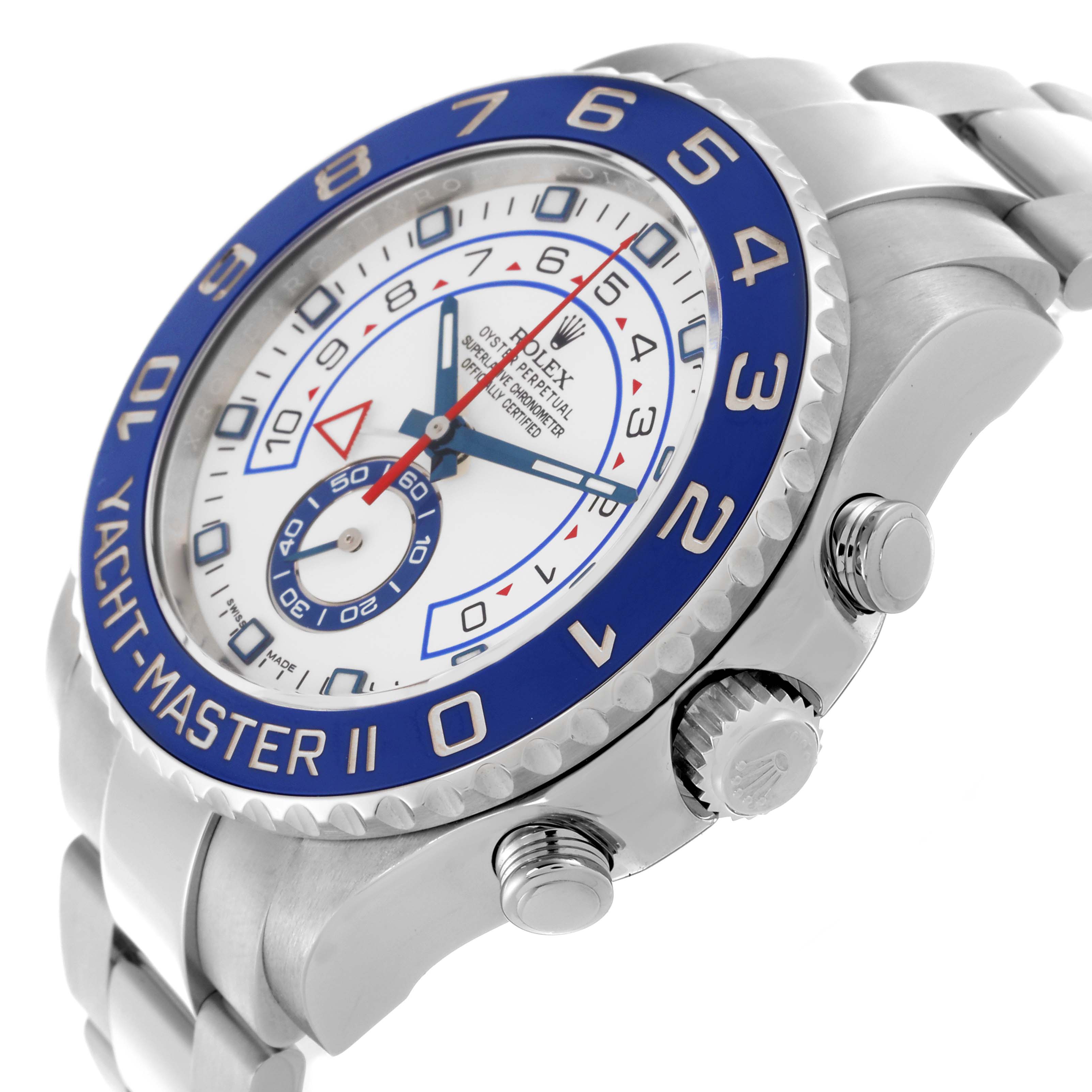 The Rolex Yacht-Master 116680 Men's Stainless Steel White Dial 116680 Men's Stainless Steel White Dial is shown at a slight side angle, highlighting the bezel, face, crown, and part of the bracelet.